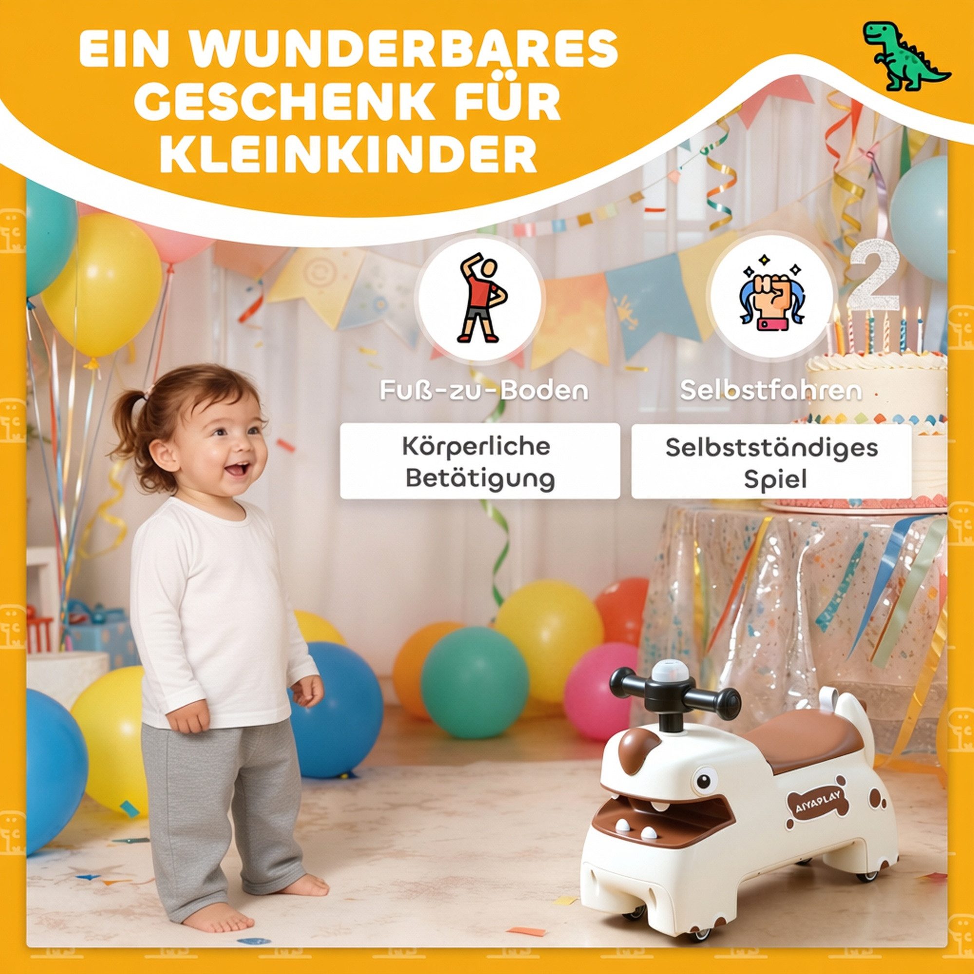 AIYAPLAY Rutscher Rutschauto Rutschfahrzeug mit Stauraum unter Sitz, Licht, Musik, (Kinderfahrzeug, 1-tlg., Rutschauto im Dinosaurier-Form), für 18-36 Monaten K – Bild 5 von 5