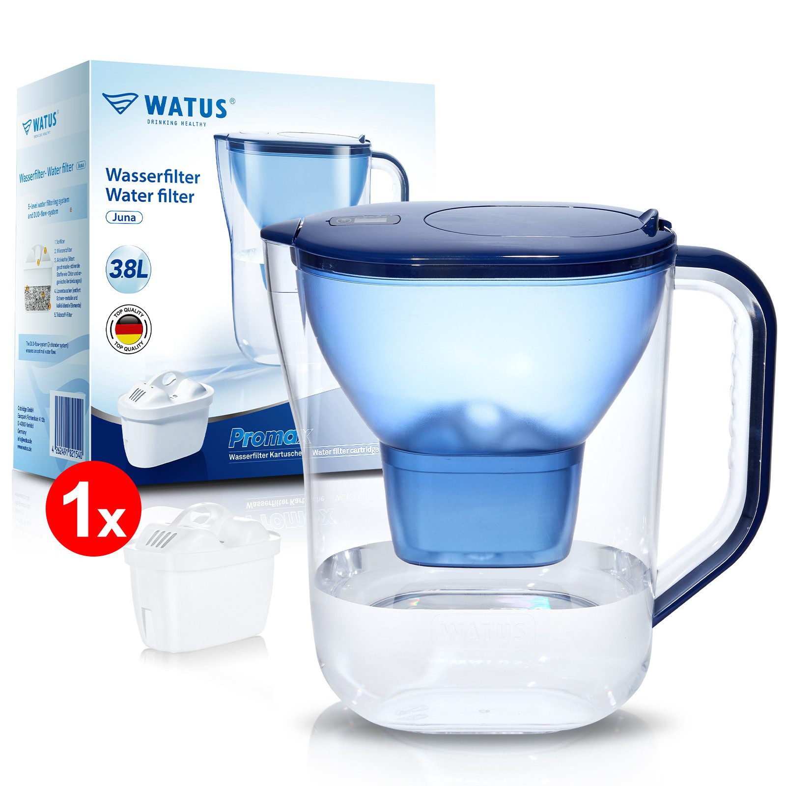 Watus Kanne für Brita Wasserfilter, Filterkanne 3.8L Enthält 1er filterpatronen, (1-St), für alle BRITA MAXTRA/MAXTRA+/PerfectFit Wasserfilter.