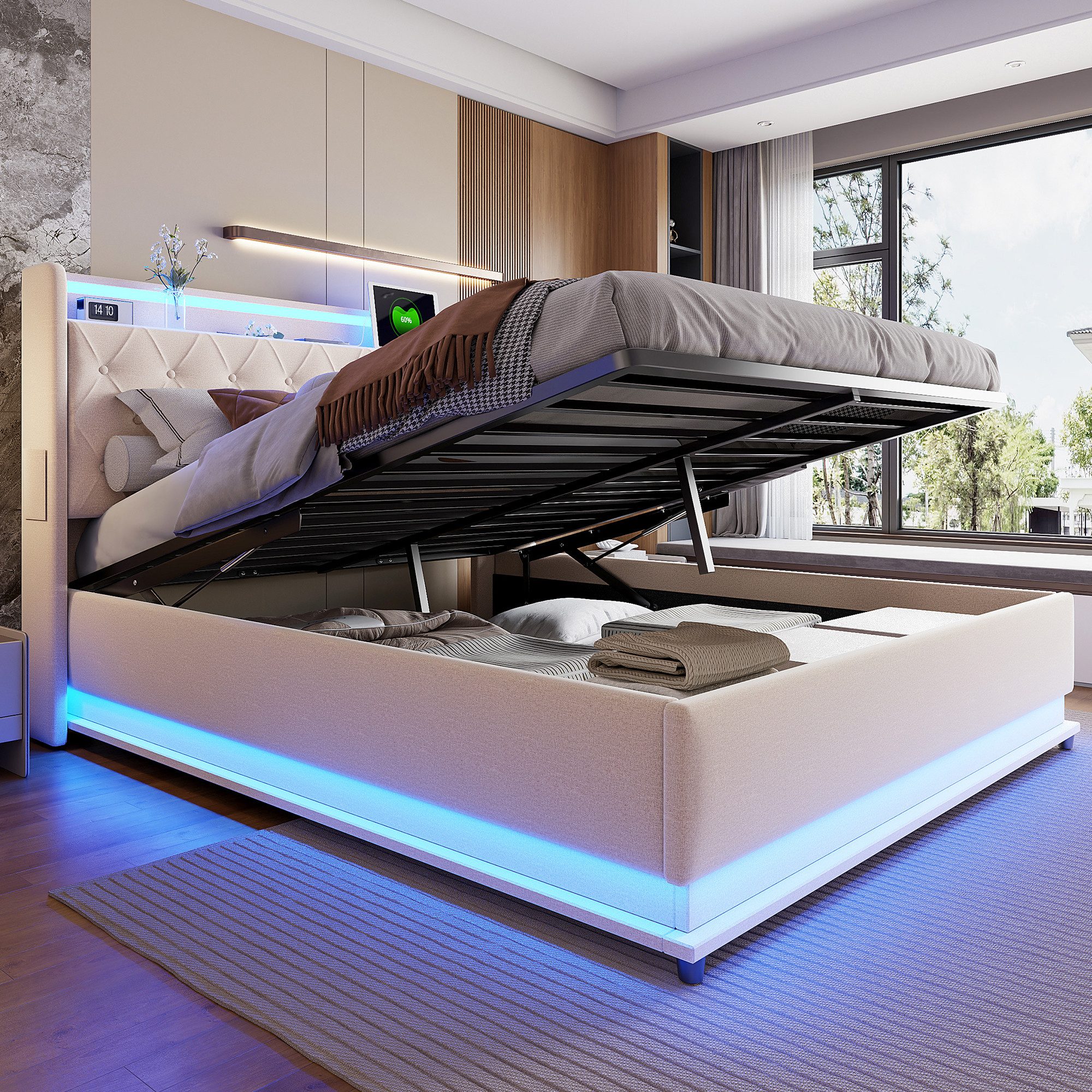 Merax Polsterbett mit LED-Beleuchtung & USB-Ladeanschluss günstig online kaufen