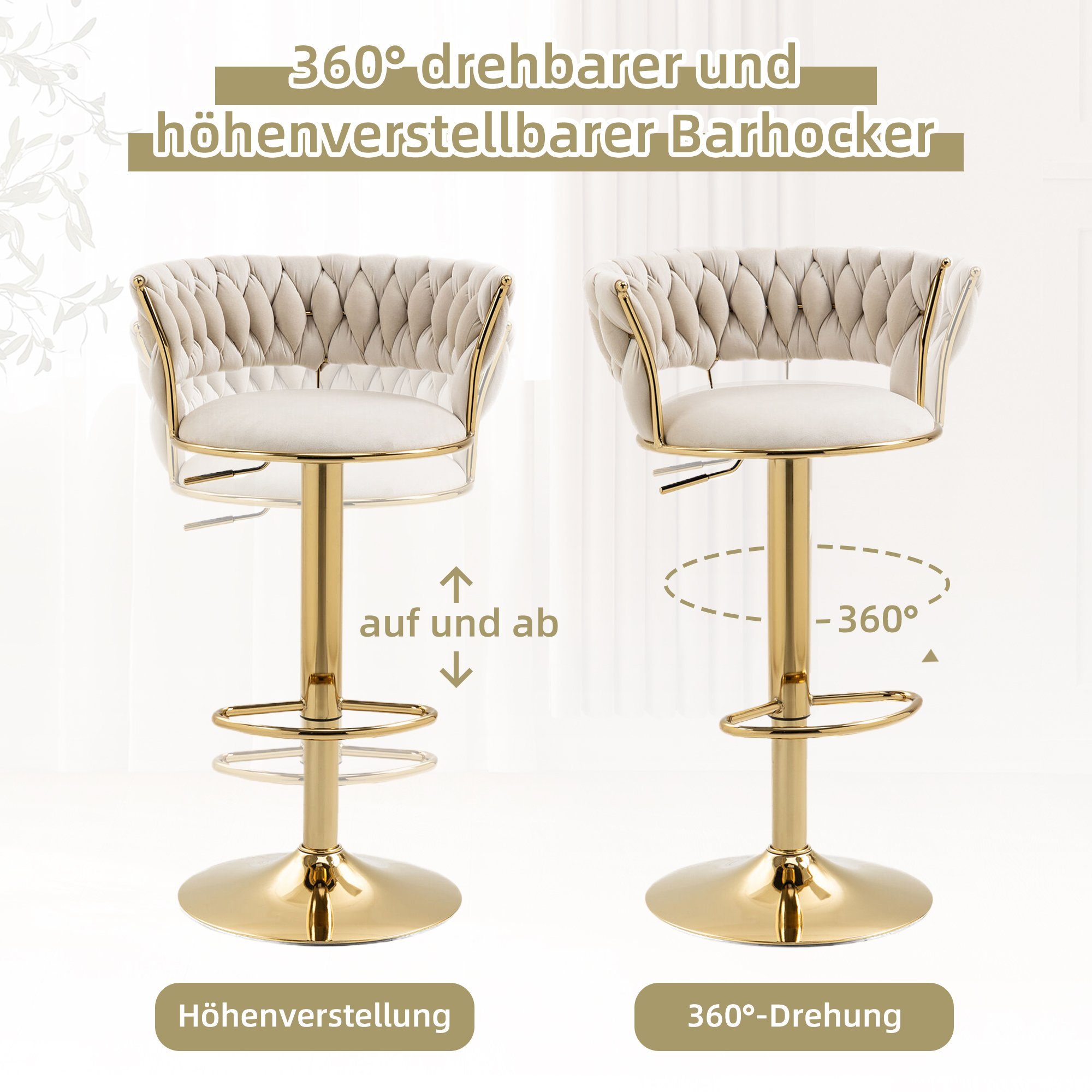 Merax Barhocker (2 St., gepolstert mit Rücklehne), höhenverstellbar & 360° drehbar, Barstühle 2er Set