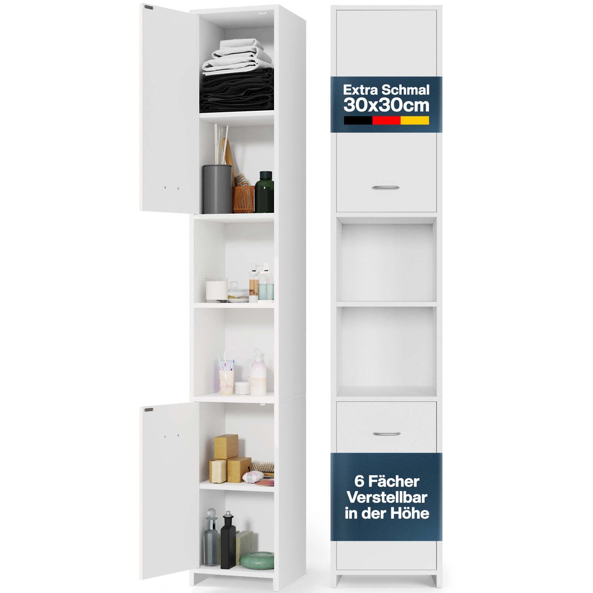 Casaria Hochschrank Neapel Badezimmerhochschrank 30 cm Breit mit 2 Türen Bad Schrank Schmal Weiß