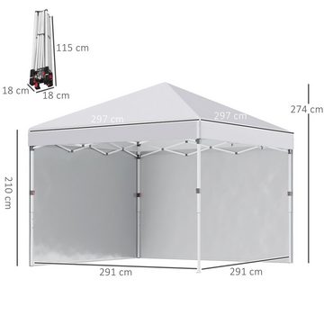 Outsunny Faltpavillon 2,97 x 2,97 m, Pavillon UV-Schutz, mit 2 Seitenteilen, (Campingzelt, Partyzelt), Pop-Up-Zelt für Terrasse, Stahl, Weiß