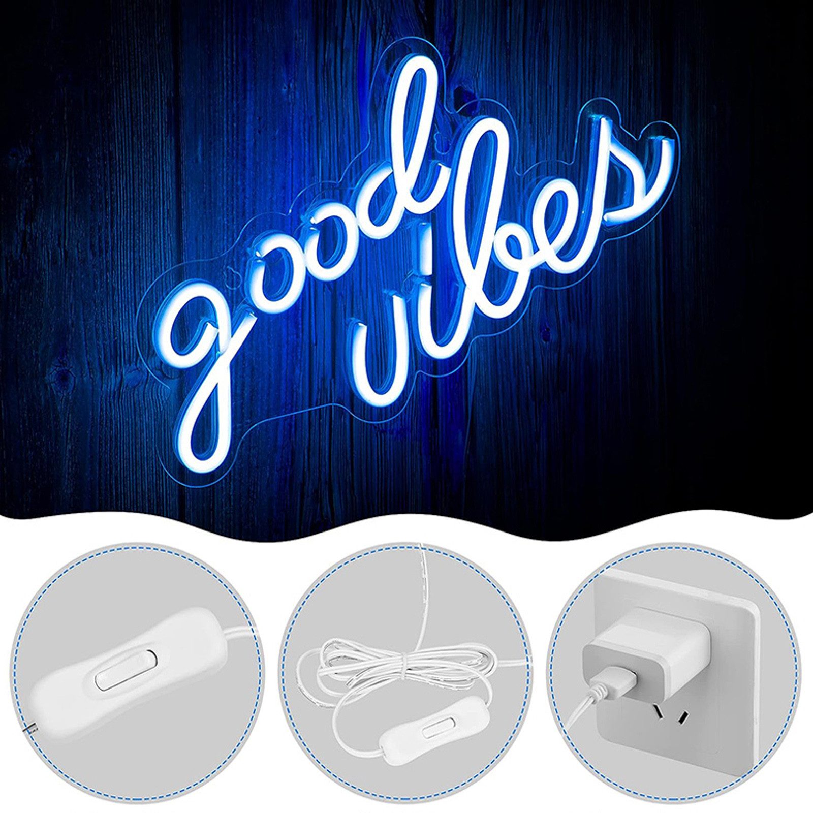 JIBENNEON LED Dekolicht Good Vibes Neonschild, USB-betrieben LED-Schild, mit An-/Aus-Schalter, Rosa, LED fest integriert, LED Neonschilder für Wanddekoration