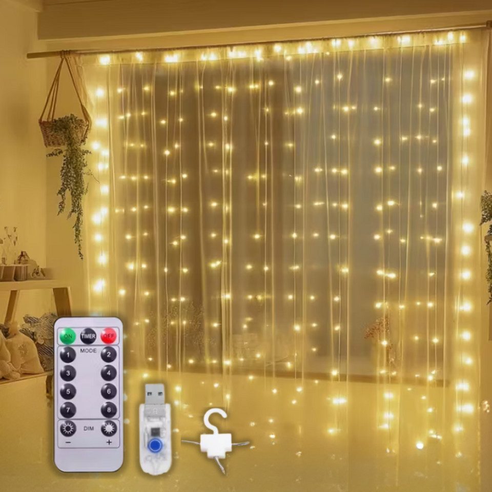 Montegoni Lichterkette 3x3M 300 LED Lichterkette, USB betrieben, Fernbedienung, 8 Modi mit warmweißem Licht und IP65 wasserdicht