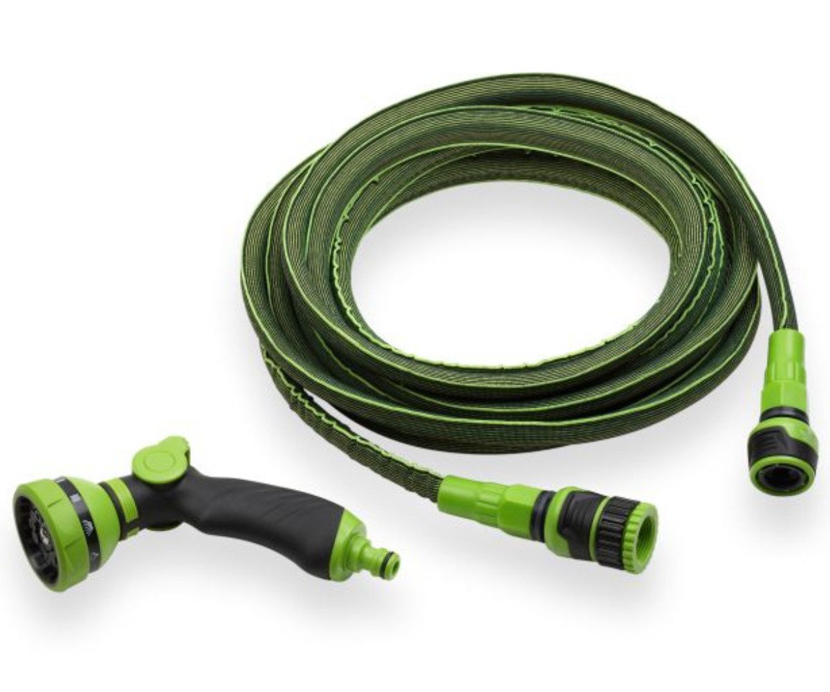 Meister Werkzeuge Bewässerungsbrause Flex Gartenschlauch 15-30m mit Multifunktionsbrause, selbstständiges zusammenziehen