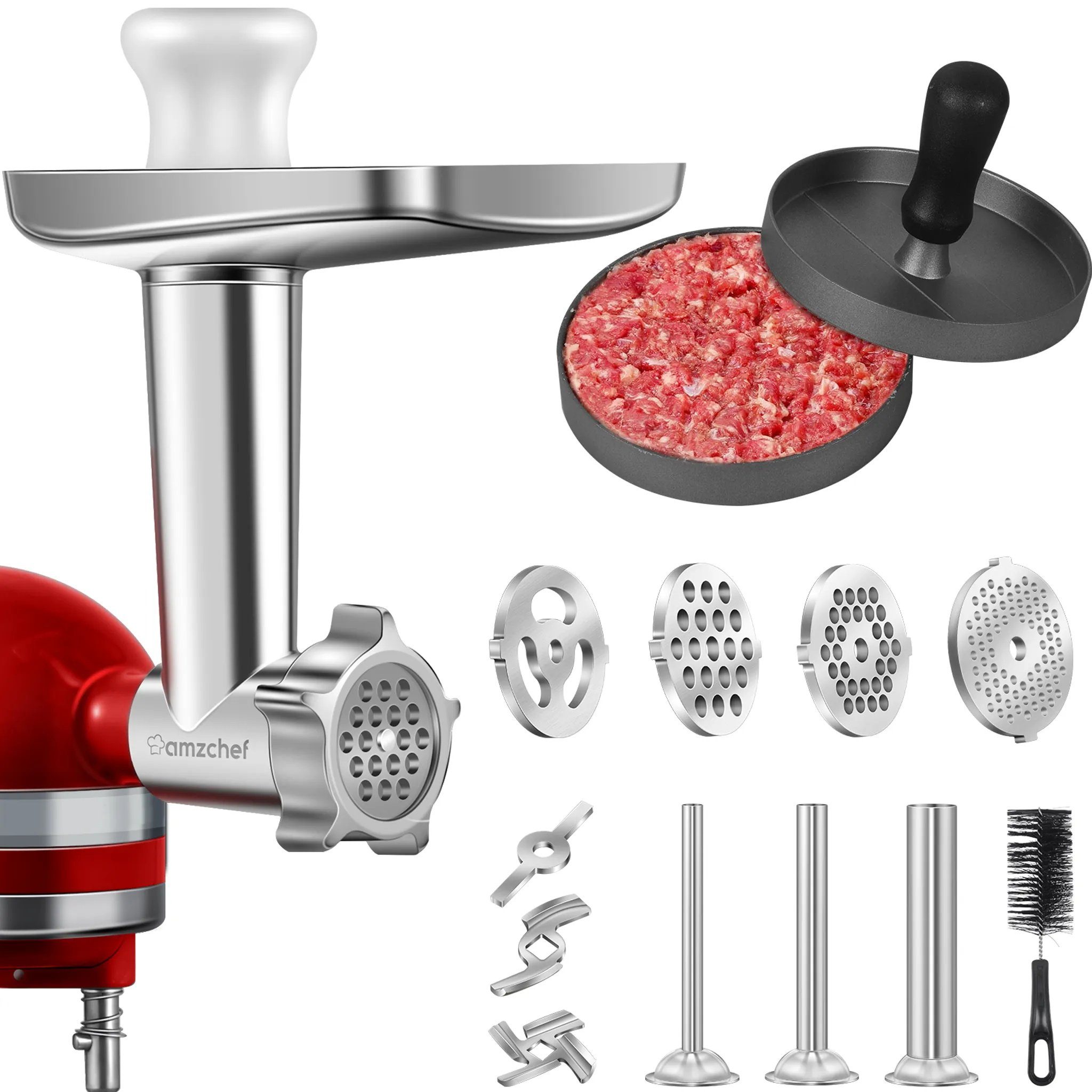 AMZCHEF Fleischwolfaufsatz DT-5-A, Zubehör für KitchenAid, Geeignet für alle KitchenAid-Modelle, Rostfreier Stahl