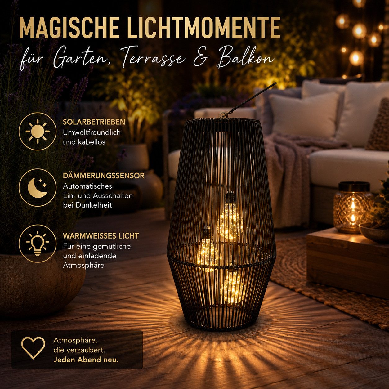 formano LED Laterne Solarlaterne Außen Garten Rattan Look Laterne 45 cm schwarz, LED fest integriert