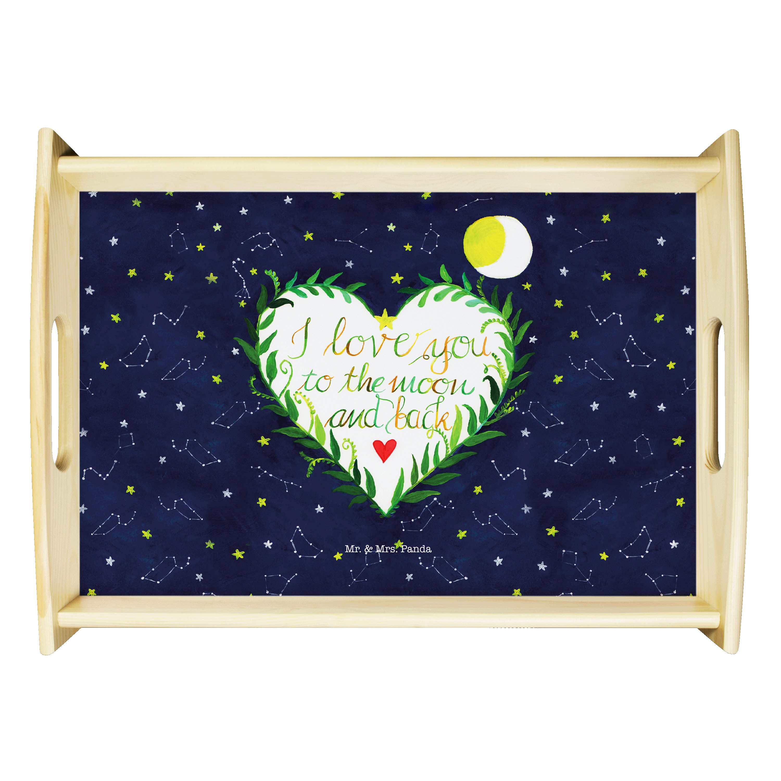 Mr. & Mrs. Panda Tablett Love u to the moon & back - Geschenk, Liebe Spruch, Holztablett, Natu, Echtholz lasiert, (1-tlg)