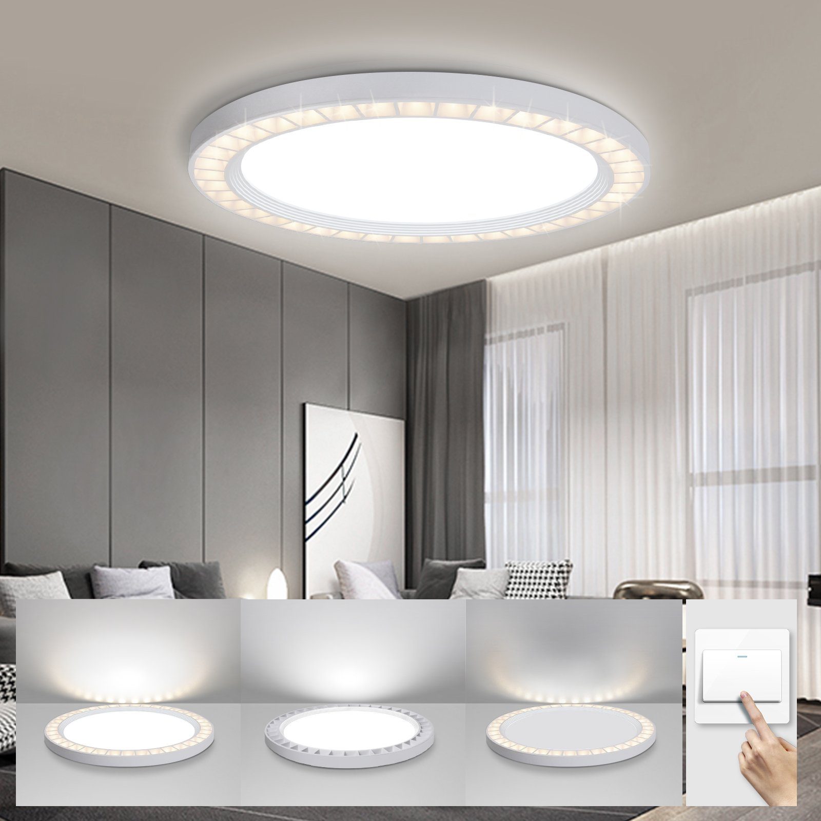 ZMH LED Deckenleuchte Modern Dimmbar(Außenring) IP44 3000K/6500K Schlafzimmer, LED fest integriert, kaltweiß, warmweiß, Ultradünnes &Wasserdicht, Kein Flimmern, Energieeinsparung, 24W weiß-24w