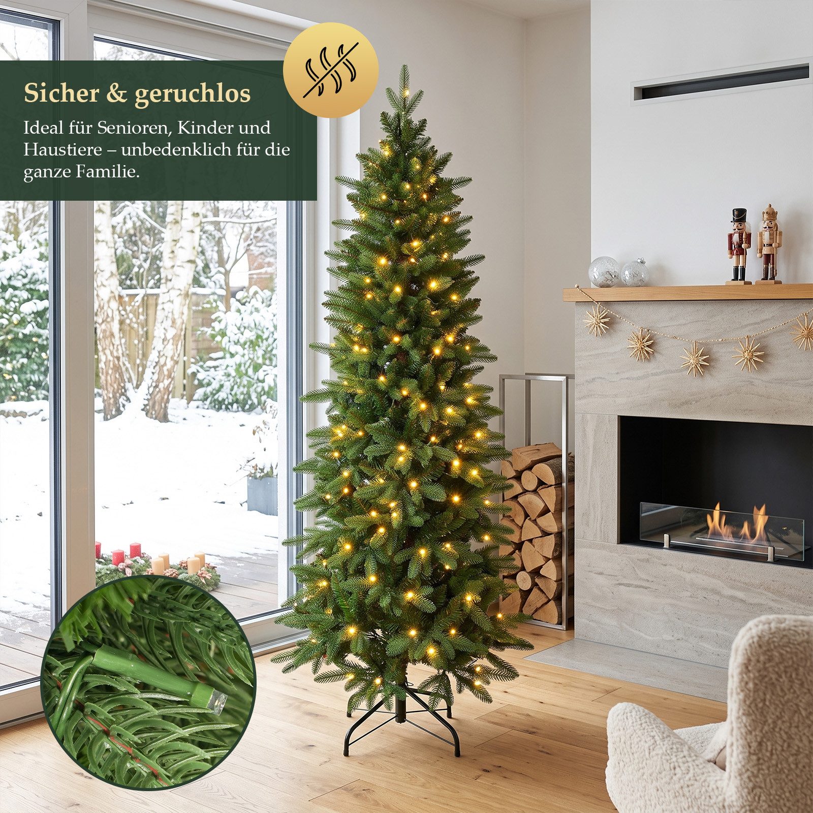 Salcar Künstlicher Weihnachtsbaum Schmal Weihnachtsbaum mit Beleuchtung Tannenbaum Bleistift Kunstbaum, Tanne, 120 cm mit 476 Spitzen (276 PE & 170 PVC) und 100 – Bild 3 von 5