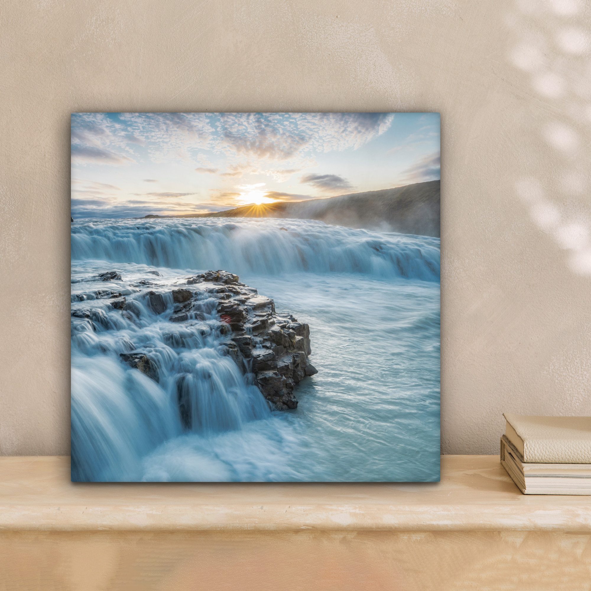 OneMillionCanvasses® Leinwandbild Wasserfall - Wasser - Steine - Sonne - Natur, Fotodruck (1 St), Wandbild, Deko Schlafzimmer Wohnzimmer Flur 20x20 cm