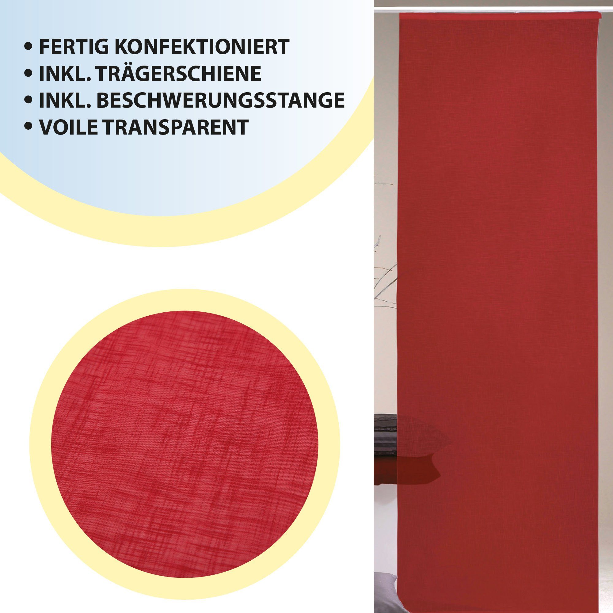H), Schiebevorhang Arsvita, 245 Rot Paneelwagen transparent, (B inkl. Beschwerungsstange St), (1 x Schiebegardine / - Desiré, x cm Klettband Flächenvorhang 60