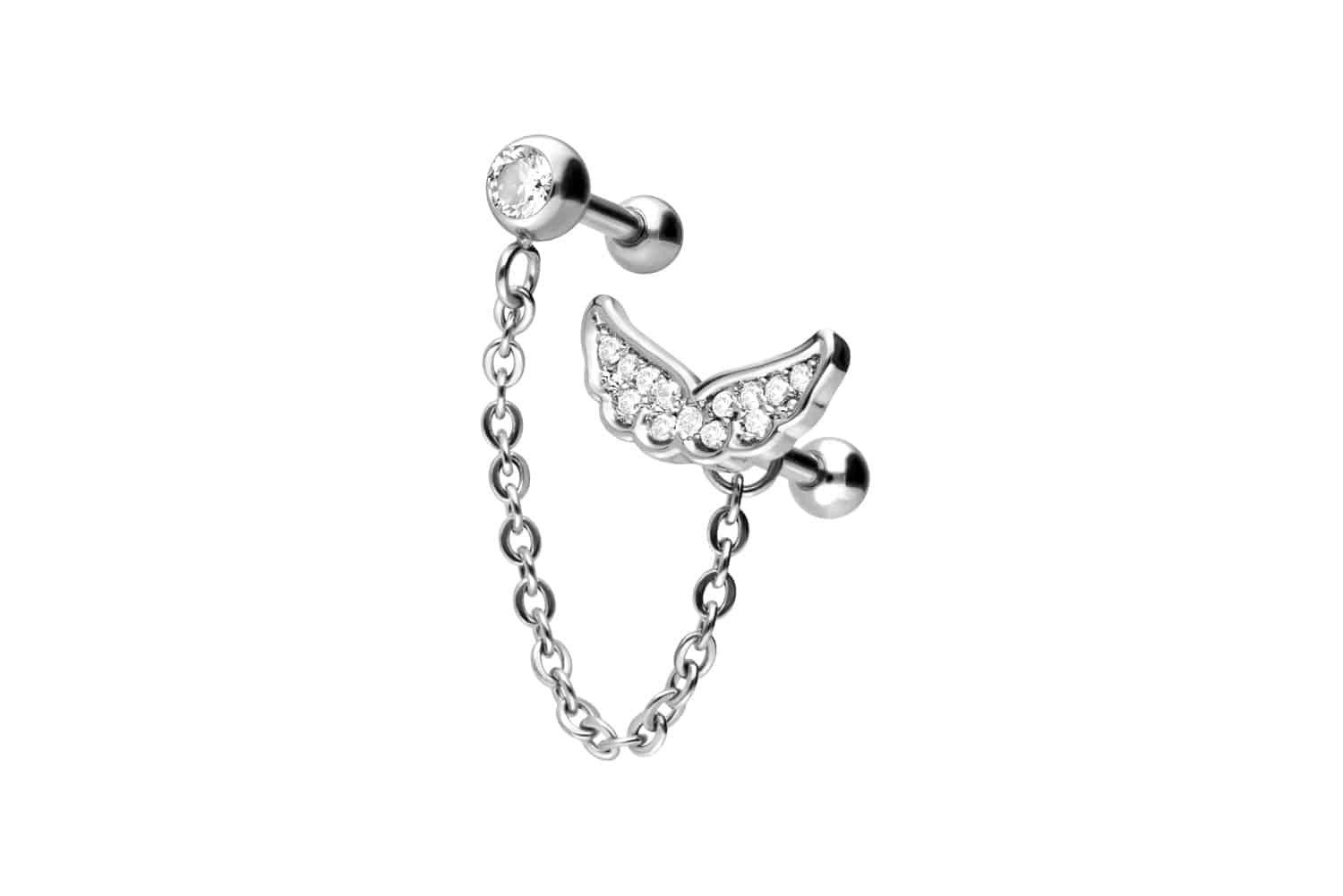 PIERCINGLINE Piercing-Set Chirurgenstahl Ohrpiercing KRISTALLFLÜGEL + KETTE (Mini-Barbells, 1-tlg)