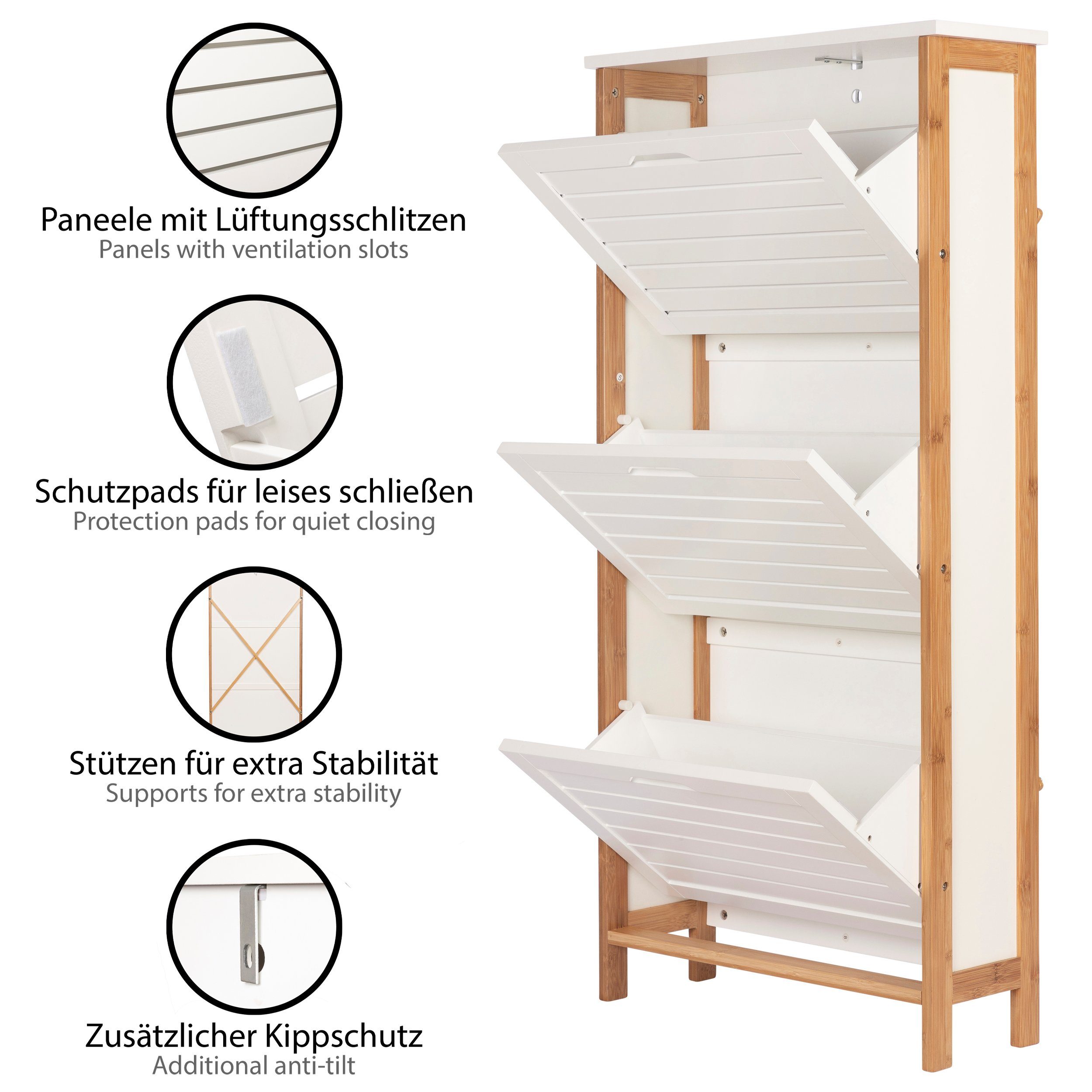 ONVAYA Schuhschrank Bambus Schuhkipper in Weiß, Platzsparender Schuhkipper mit 3 Klappen – Bild 3 von 5
