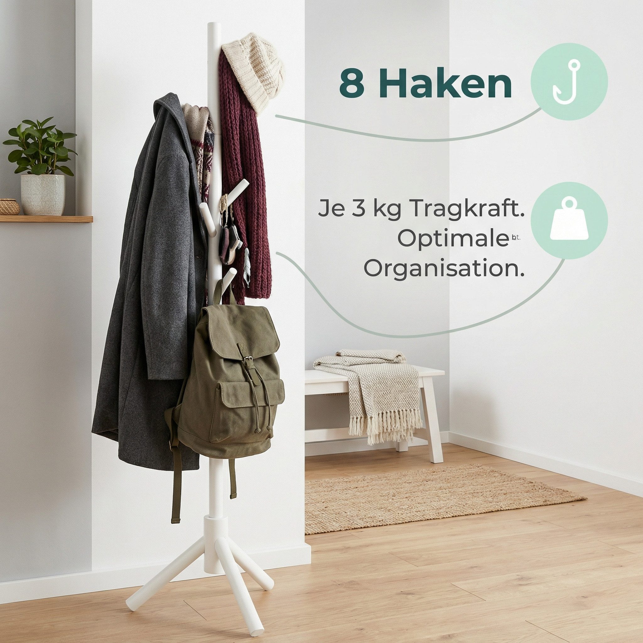 PIPISHELL Garderobenständer Kleiderständer, freistehend, mit 3 verstellbaren Größen & 8 Haken, (für Flur, Büro oder Schlafzimmer, stabile Konstruktion aus Kiefernholz), höhenverstellbar für Kinder, Jugendliche und Erwachsene