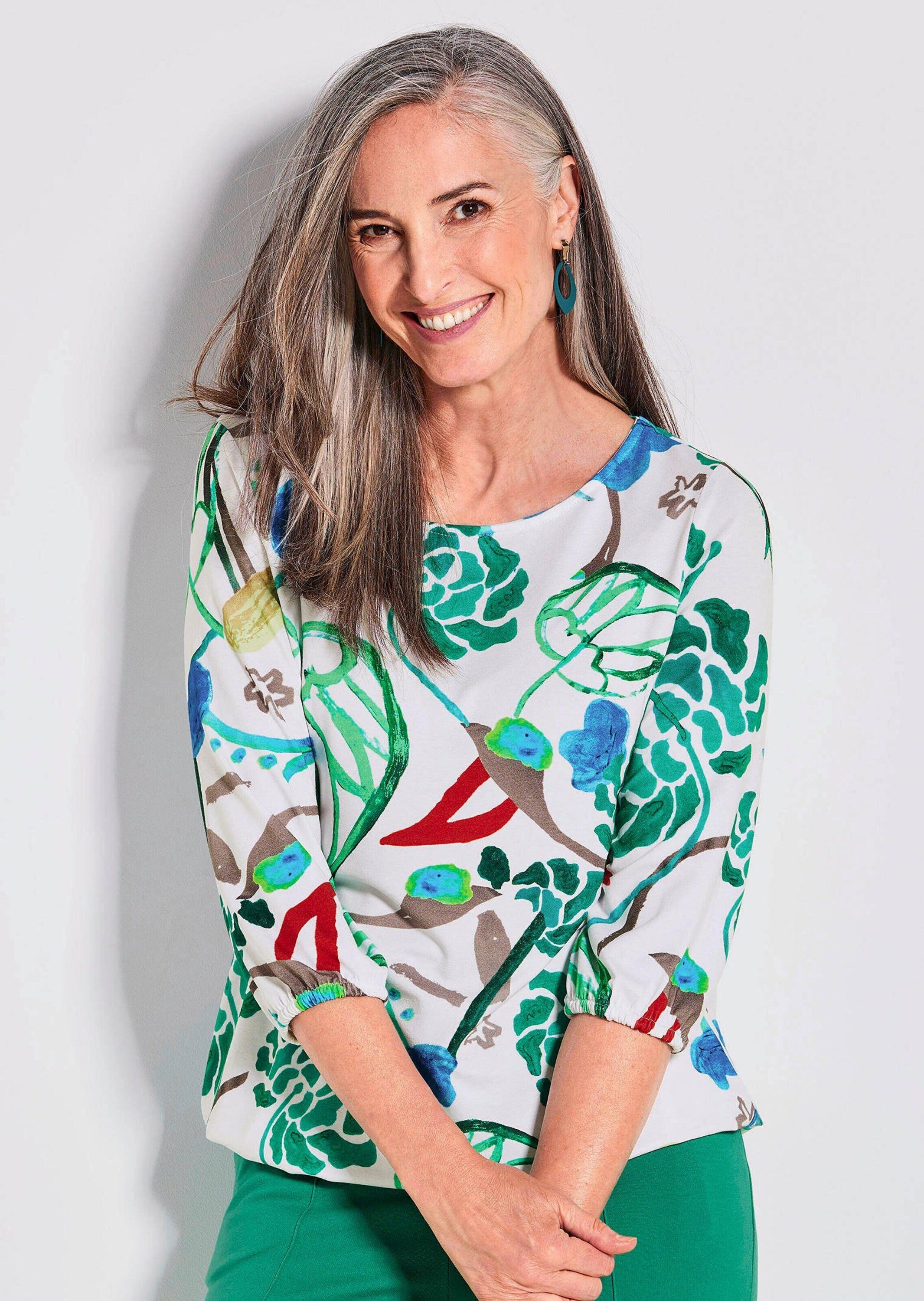 GOLDNER T-Shirt Viskoseshirt mit Allover-Druck Druckshirt mit U-Boot-Ausschnitt, Gummibündchen und 3/4-Arm