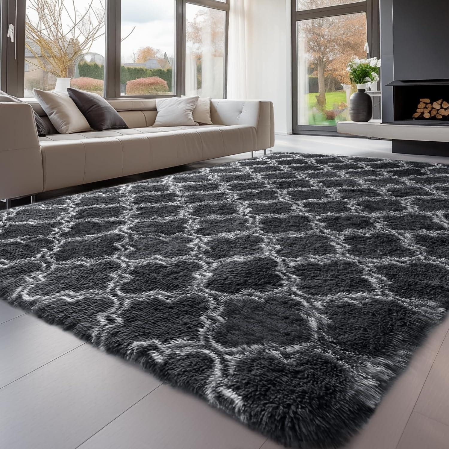 LuxusKollektion Hochflor-Teppich Teppich Hochflor Grau Dunkles Karograu 200 x 300 cm (Rechteckig)