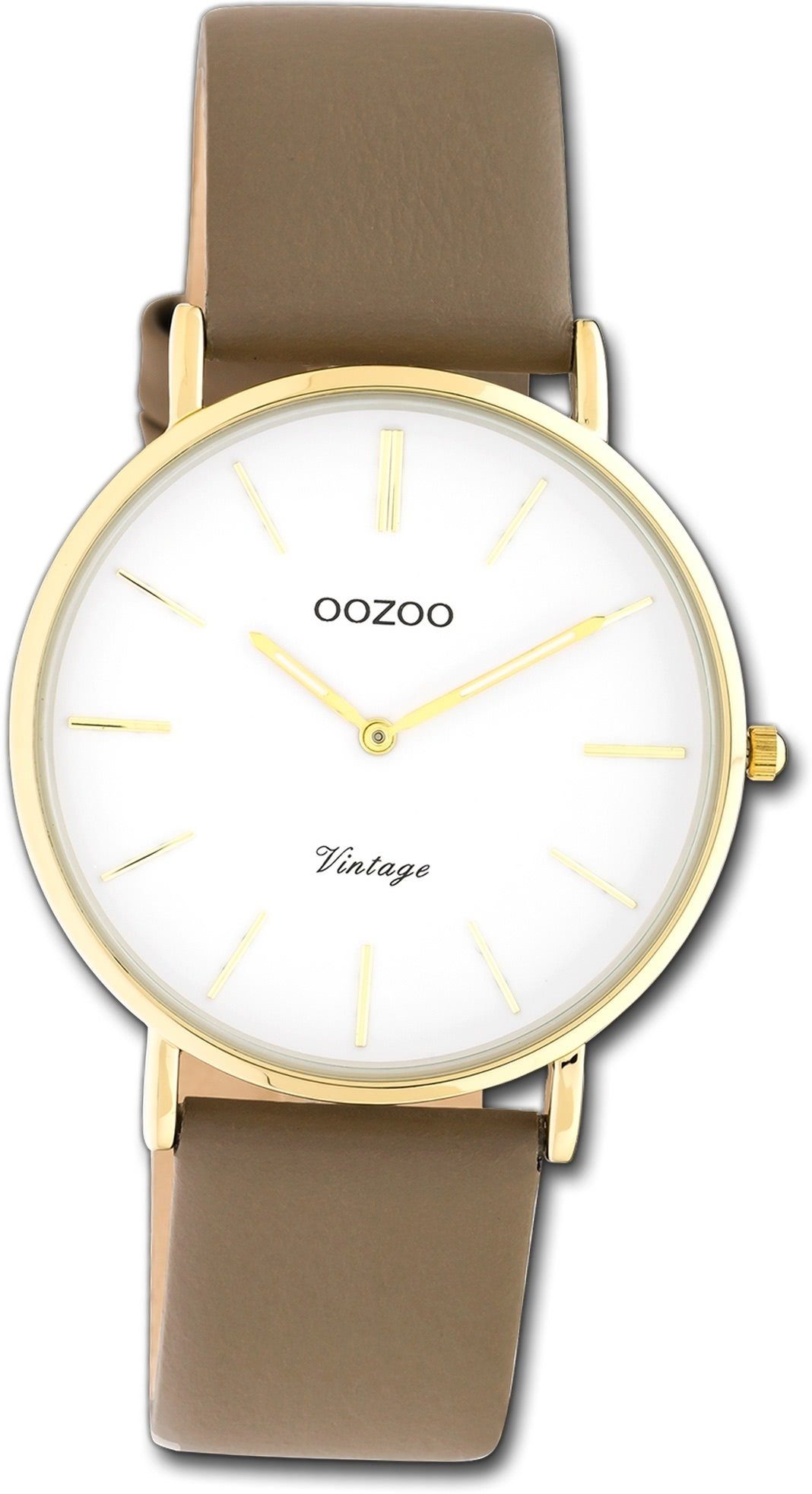 OOZOO Quarzuhr Oozoo Damen Armbanduhr Ultra Slim, Damenuhr Lederarmband braun, rundes Gehäuse, mittel (ca. 36mm)