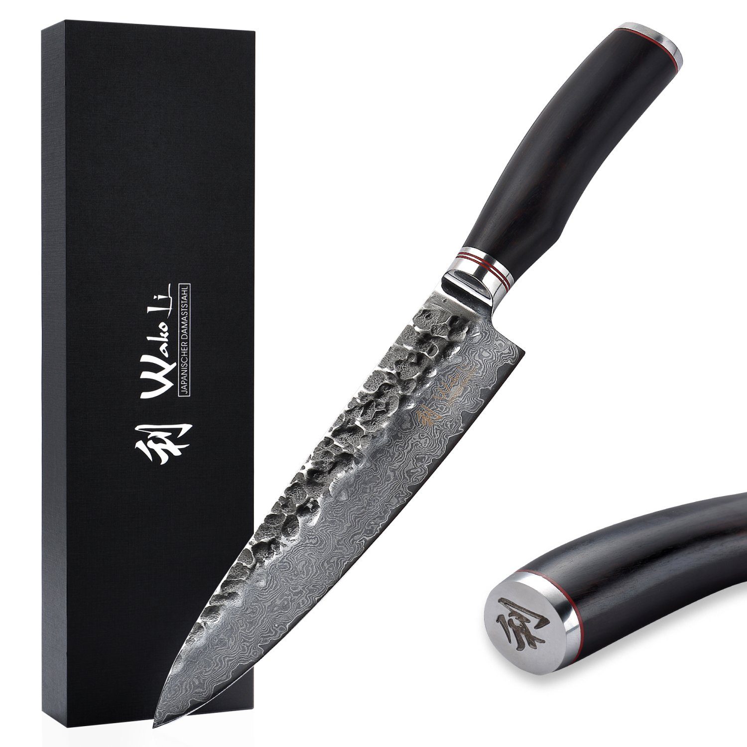 Wakoli Kochmesser EBO Damast Chefmesser I 20 cm Klinge I schwarzer Eichenholzgriff