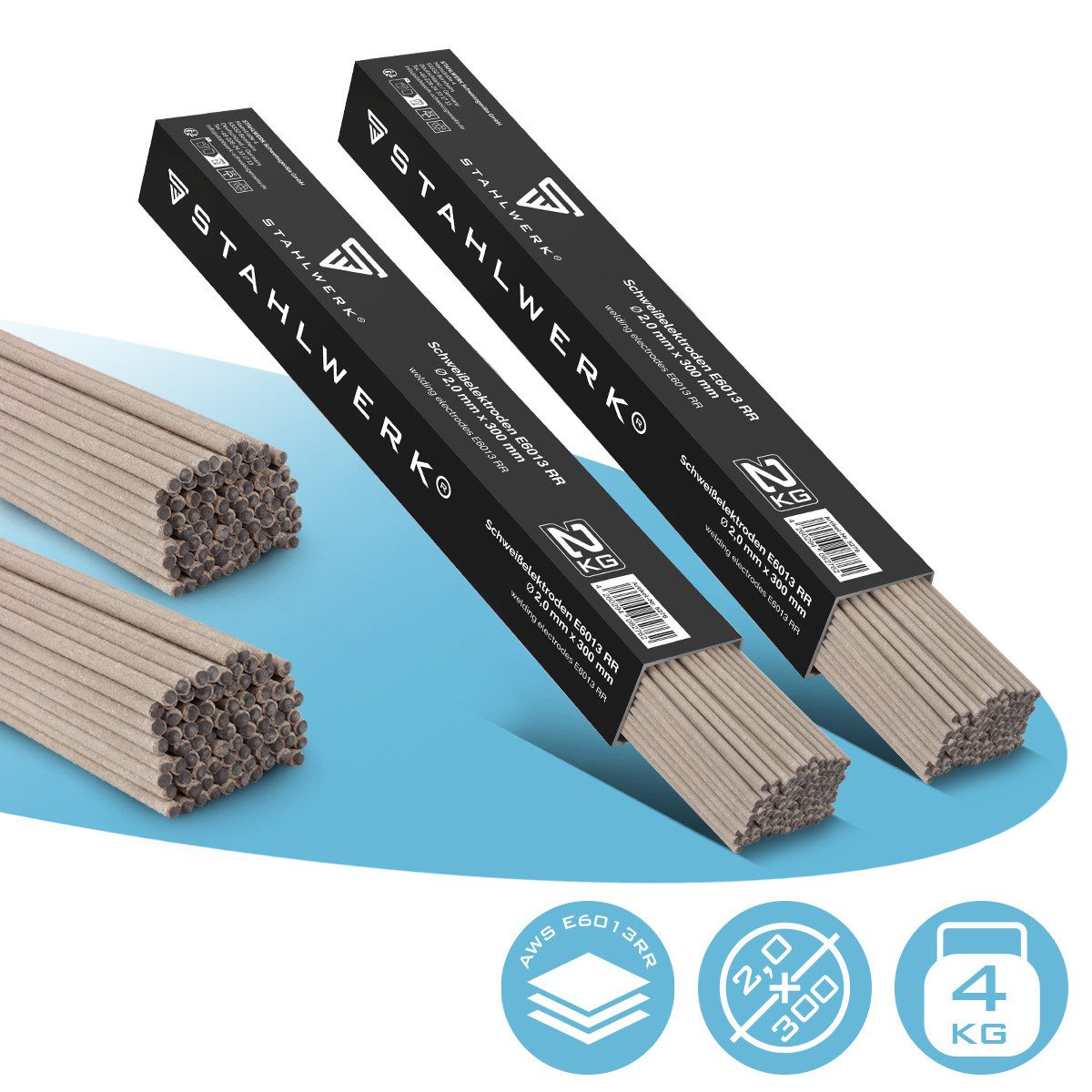 STAHLWERK Stabelektroden 2 x Stabelektroden AWS E6013RR dick rutilumhüllt 2 mm x 300 mm 2 kg, (Packung), zähflüssiges Schmelzbad und gute Beherrschbarkeit