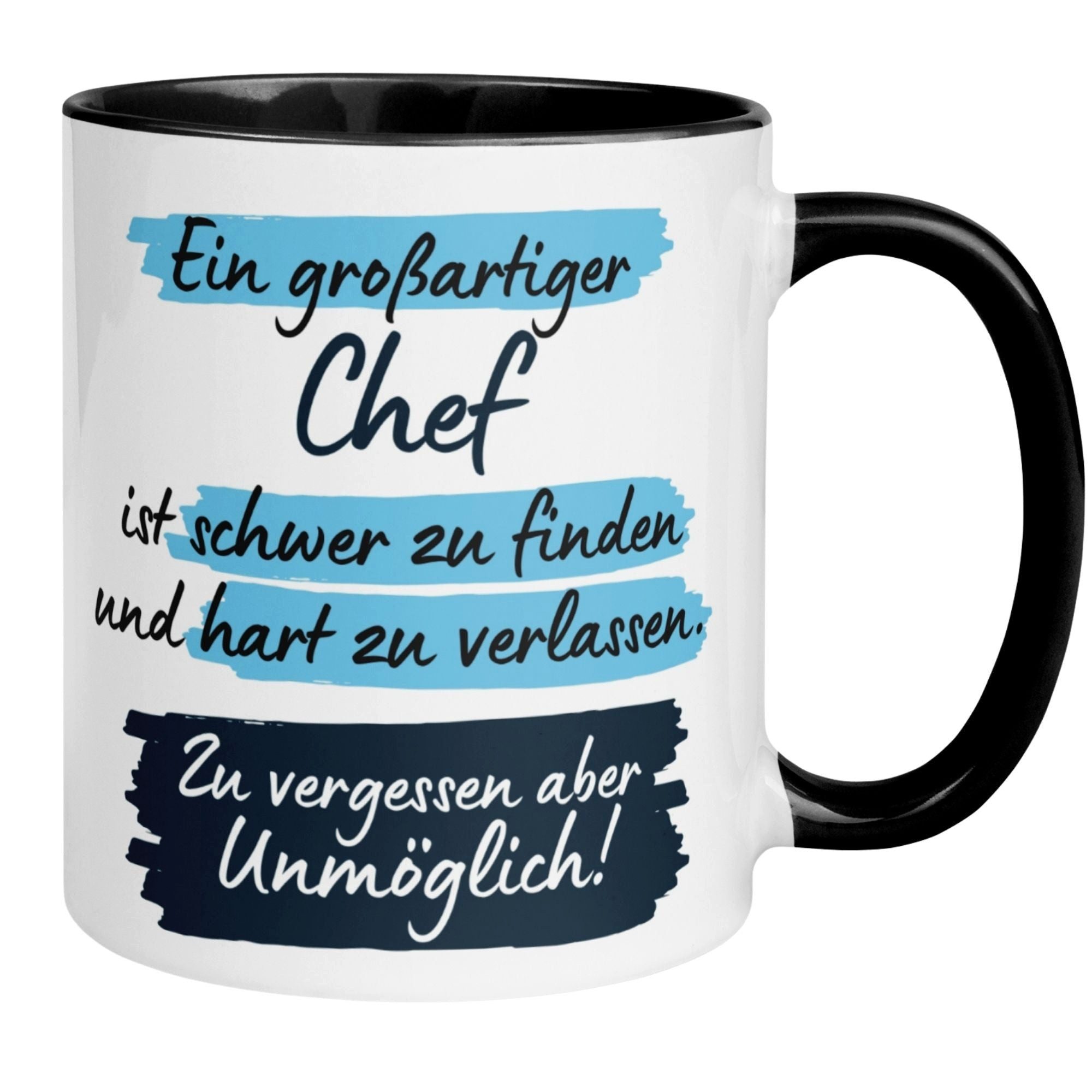 Momentals Tasse Geschenk Bester Chef – „Ein großartiger Chef ist schwer zu finden“, Beidseitiger Druck · Links- & Rechtshänder · Spülmaschinenfest