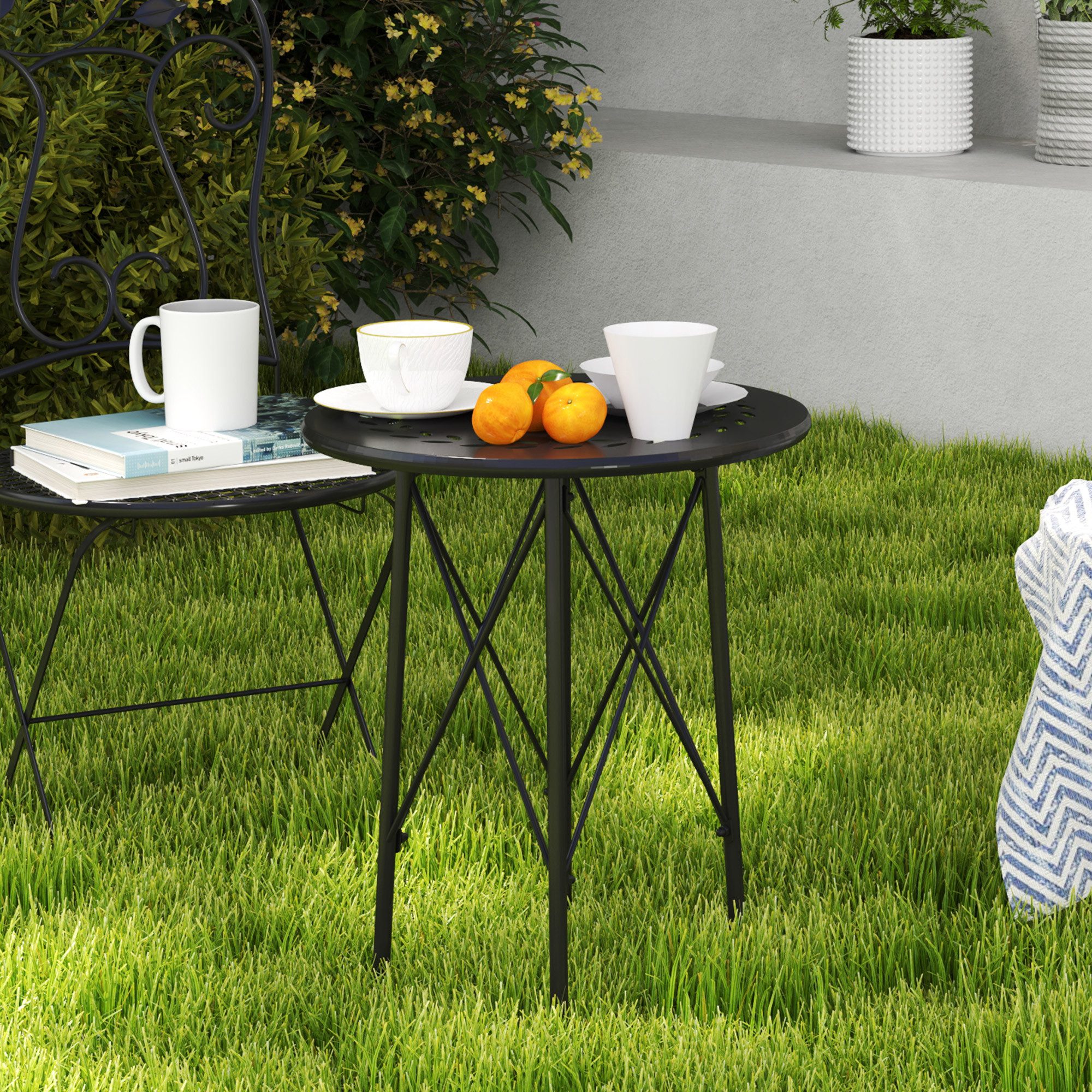 MODFU Gartentisch Ø40x50 cm Runder Gartentisch Schwarz mit Blumenmuster Stahl (Packung, 1-St., kleiner Beistelltisch, Balkon Tisch, Outdoor Tisch), Terrassentisch & Bistrotisch für drinnen und draußen