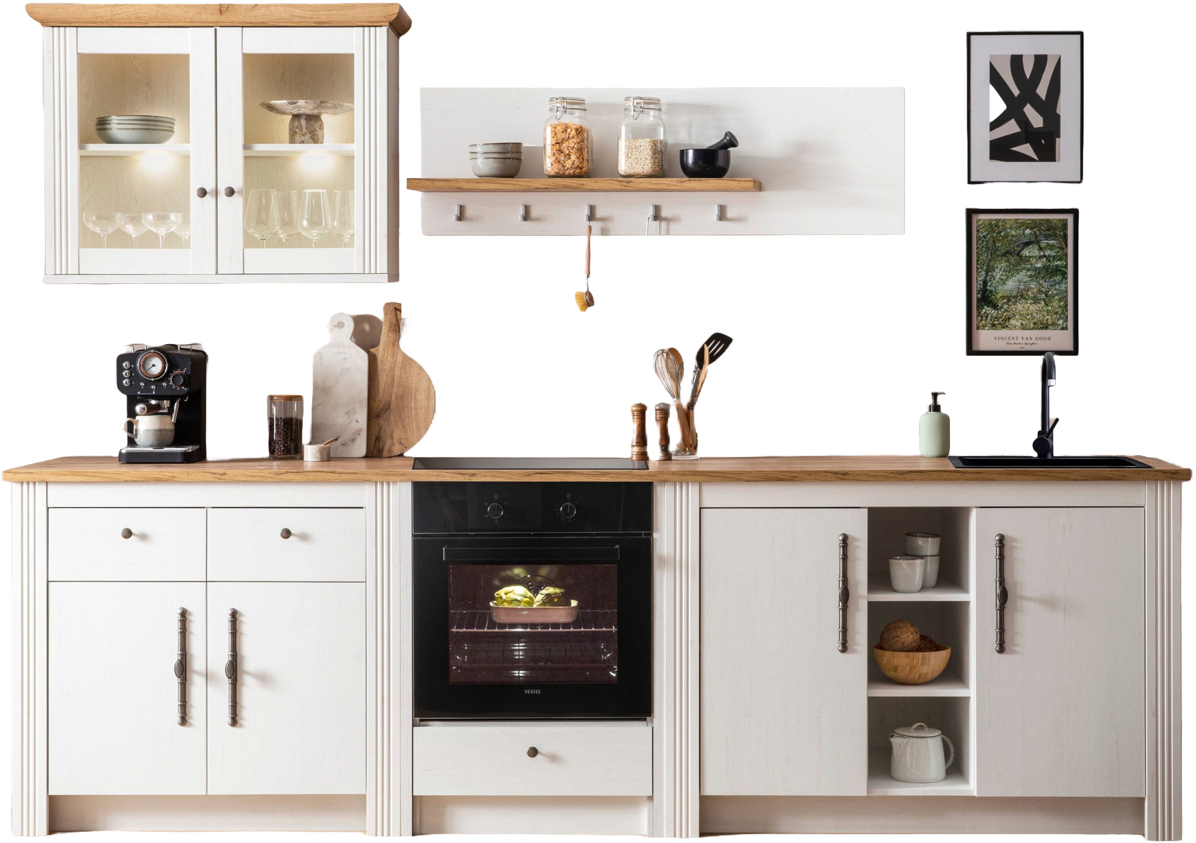 KOCHSTATION Кухниzeile KS-Westminster, Pantryküche im Landhaus Stil, hochwertige Metallgriffe, (Set), Breite 294 cm, Комоды, Wandpaneel, Hängeschrank, Herdumbau