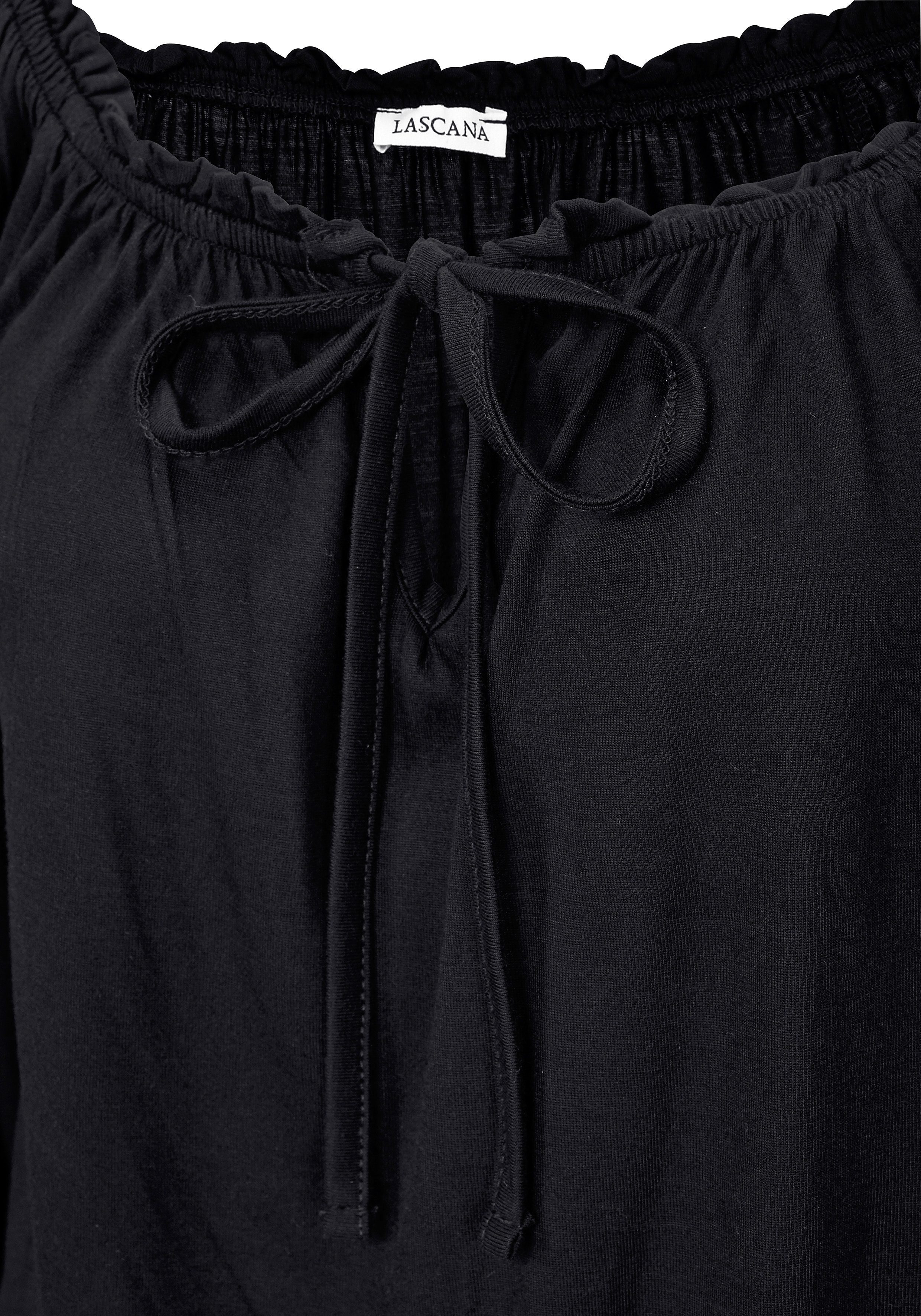 LASCANA Carmenshirt mit 3/4-Ärmeln, Blusenshirt mit Bindeband und Gummizug