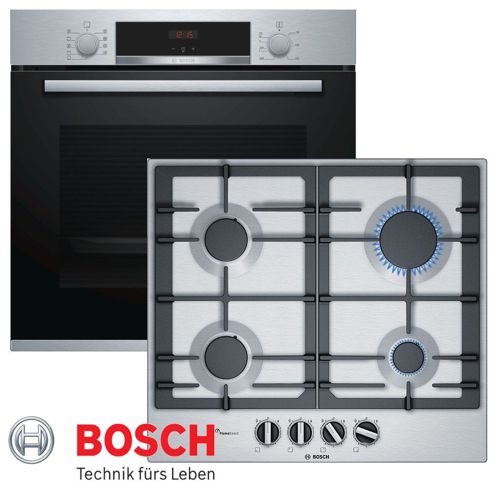 BOSCH Backofen-Set Gas Herdset Einbau Bosch Autark Backofen + GAS Kochfeld Edelstahl, mit 1-fach-Teleskopauszug