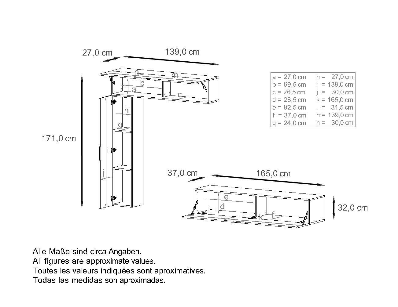 Vladon Wohnwand Taurito, (Anbauwand, mit Rückwand mit 2 Klappen und 1 Schrank), Weiß matt/Schwarz Hochglanz (320 x 182 x 39 cm)
