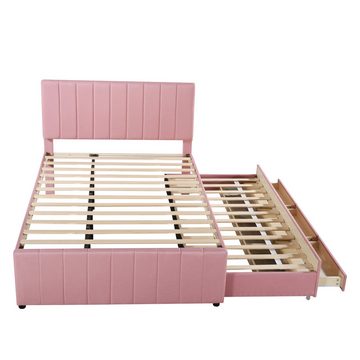 IDEASY Polsterbett Doppelbett, Plattformbett, 140 x 200 cm, (mit ausziehbarem Bett, 3 Unterbettschubladen), hautfreundliches Leinenmaterial, rosa, einfache Montage