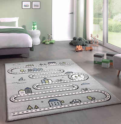 Kinderteppich Kinderteppich Straßenteppich Lernteppich Junge mit Straßen und Häusern in Grau, Teppich-Traum, rechteckig, Höhe: 15 mm