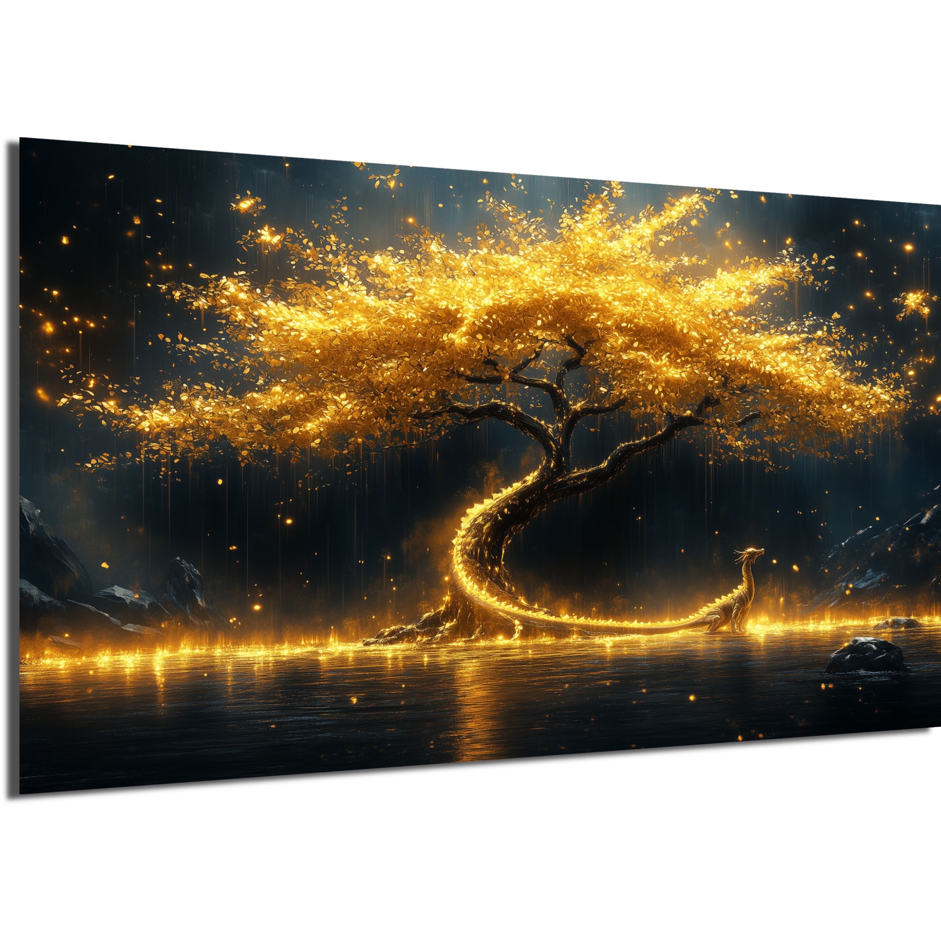 DARO Design Leinwandbild Modern Abstrakt Wandbilder XXL Wandbild Wand Deko Leinwand Bilder, (Baum mit goldenem Drachen - Bild groß Wohnzimmer Schlafzimmer Küche Esszimmer Einteilig Querformat Fotodruck Leinwände Wanddeko Abstrakte Kunst Boho), 30x20cm