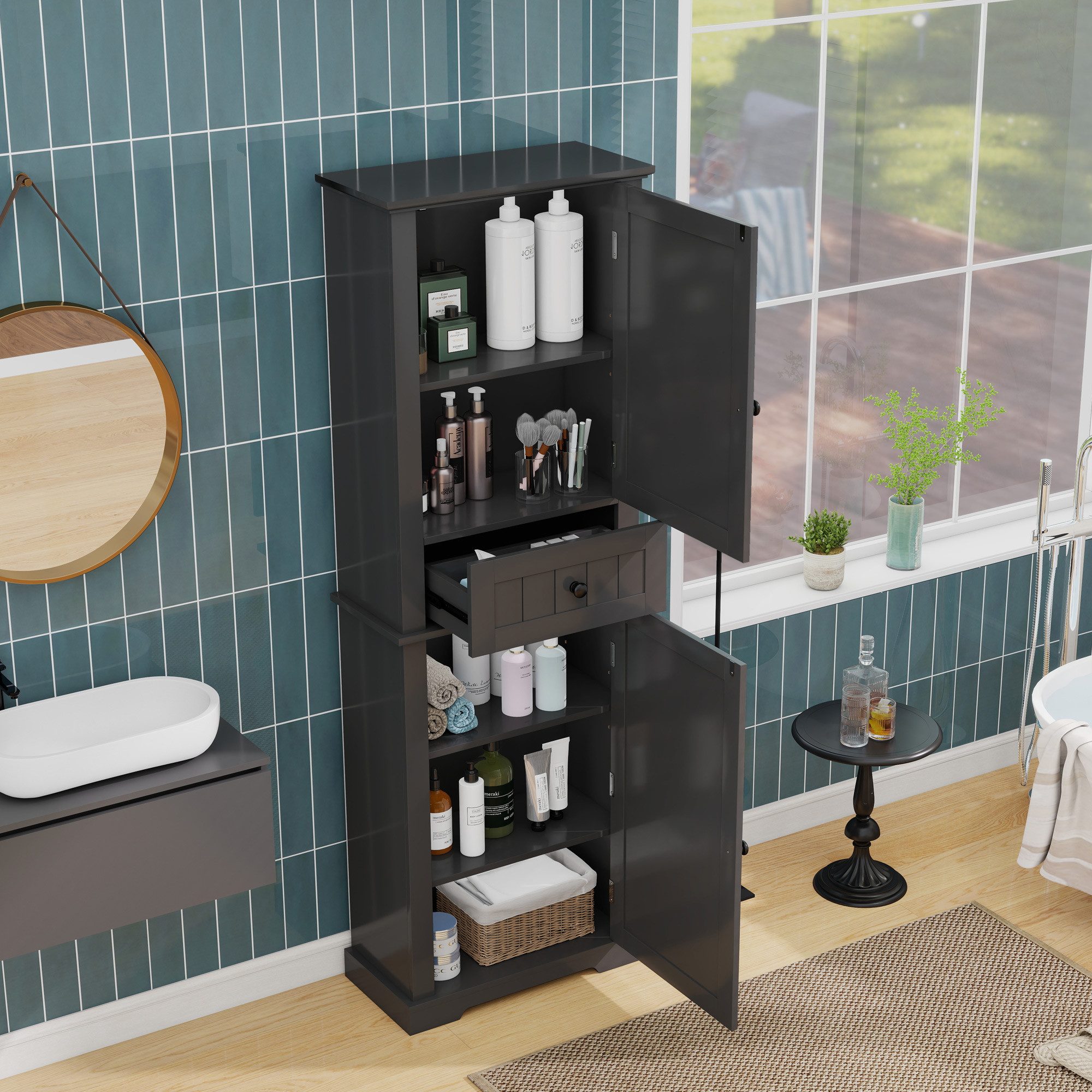 Flieks Badkommode Badezimmerschrank mit Schubladen und verstellbaren Einlegeböden (1 St., 56x28x167,3 cm), Hochschrank Mehrzweckschrank mit 5 Fächern, feuchtigkeitsbeständig