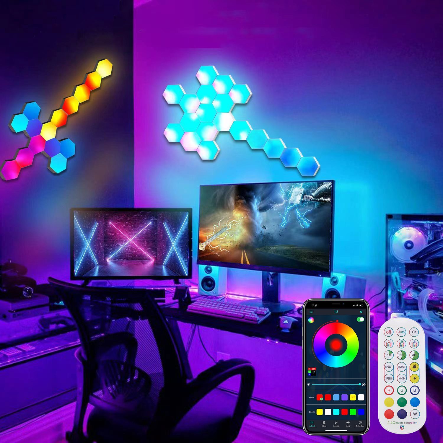 MUPOO LED Wandleuchte Hexagon LED Panel Wandleuchte,RGB Sechseck Waben Wall Light, Musik Sync + App-Steuerung, Musik Sync