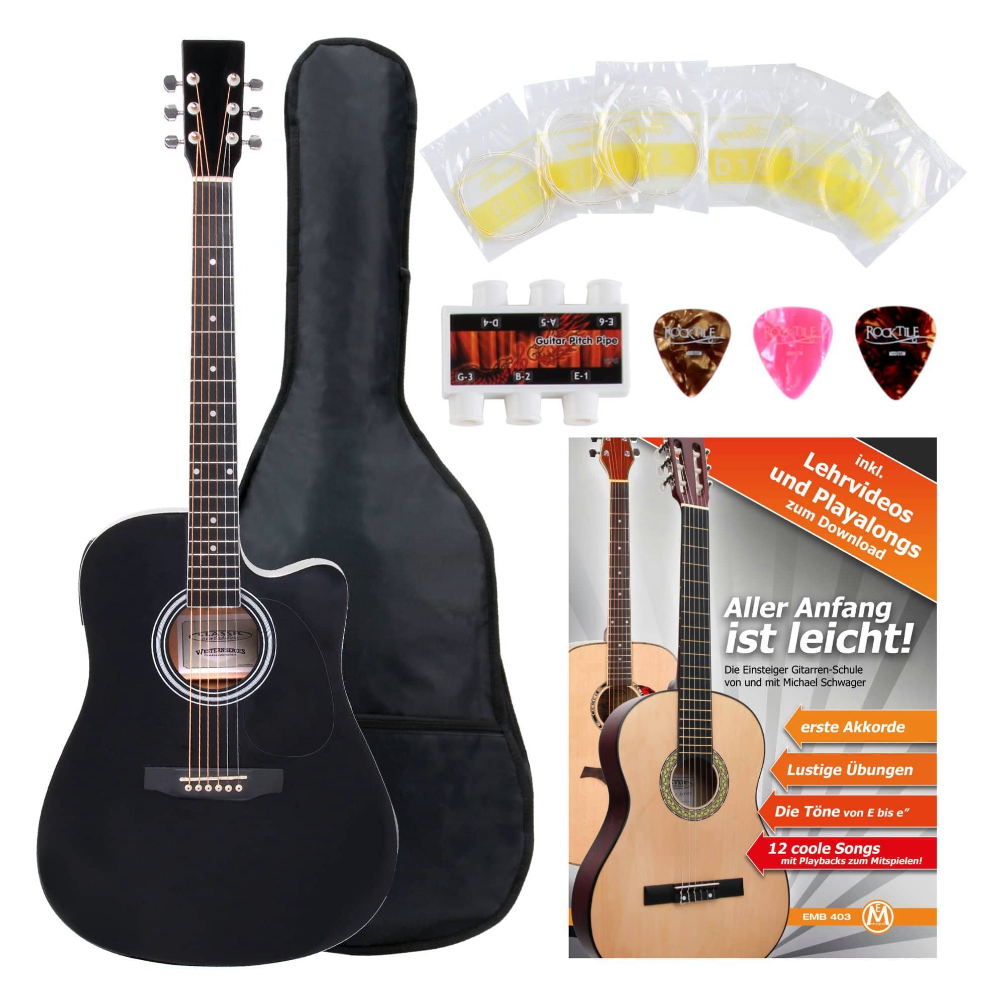 Classic Cantabile Westerngitarre mit Tonabnehmer WS-10-CE, Dreadnought-Style mit Cutaway, Starter-Set, Inkl. Tasche, Plektren, Ersatz-Saiten und Stimmpfeife, 3-Band-EQ (Bass, Middle, Treble) + Presence