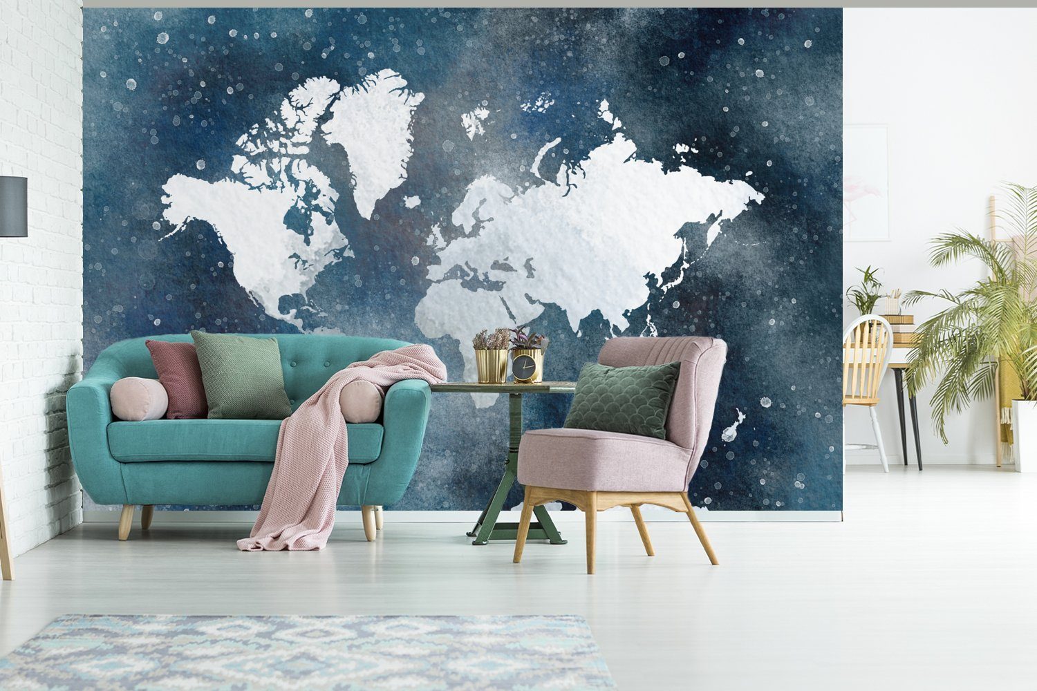 - (6 Wohnzimmer, MuchoWow für Matt, Vinyl bedruckt, Schlafzimmer, Tapete Sternenhimmel St), Weltkarte Aquarell, Wallpaper Fototapete - Kinderzimmer,