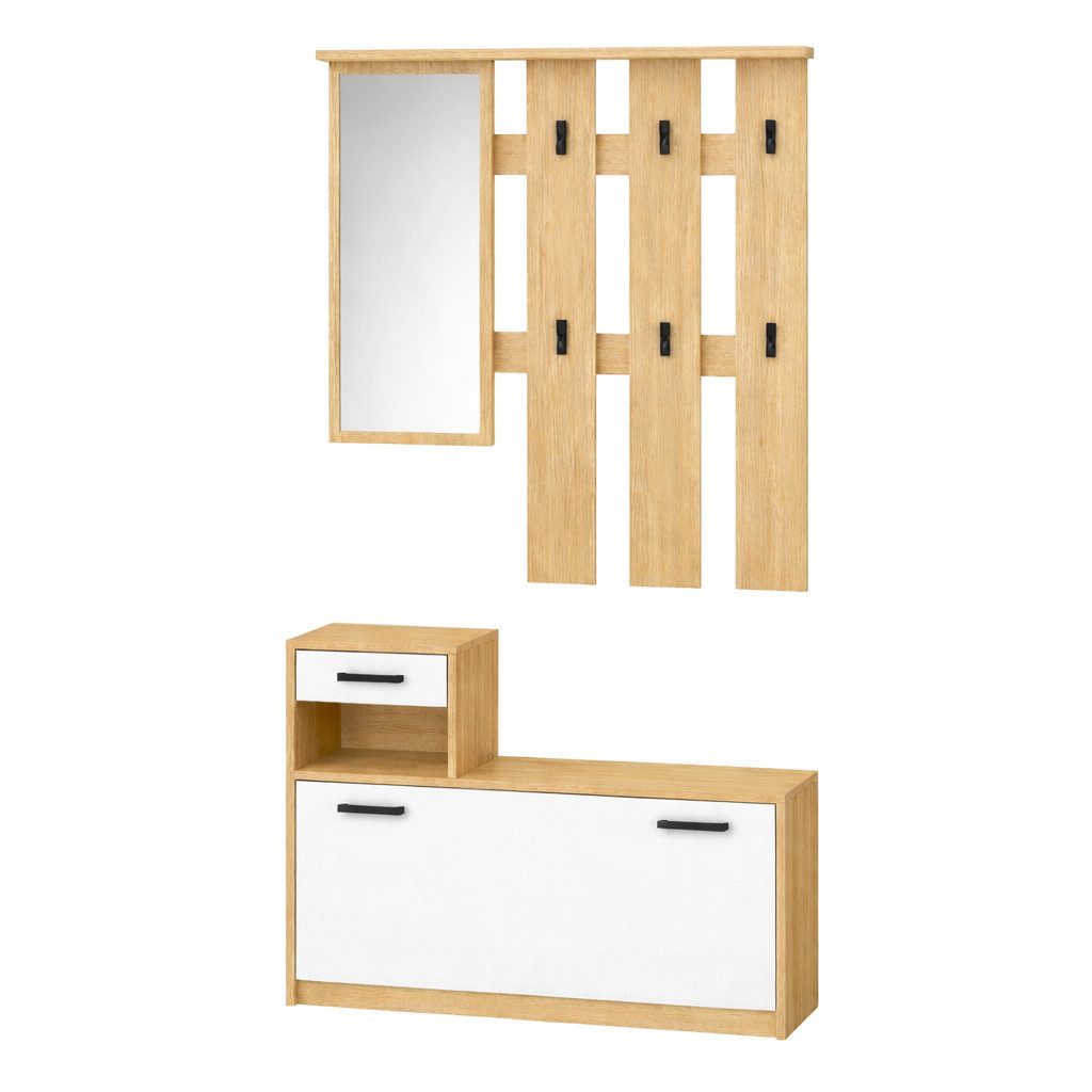 OTTO home Garderoben-Set Luna Kommode mit 1 Klappe + 1 Schubkasten, Paneel mit Spiegel 6 Haken, (2-St), Dielenmöbel-Set, Breite ca. 100 cm