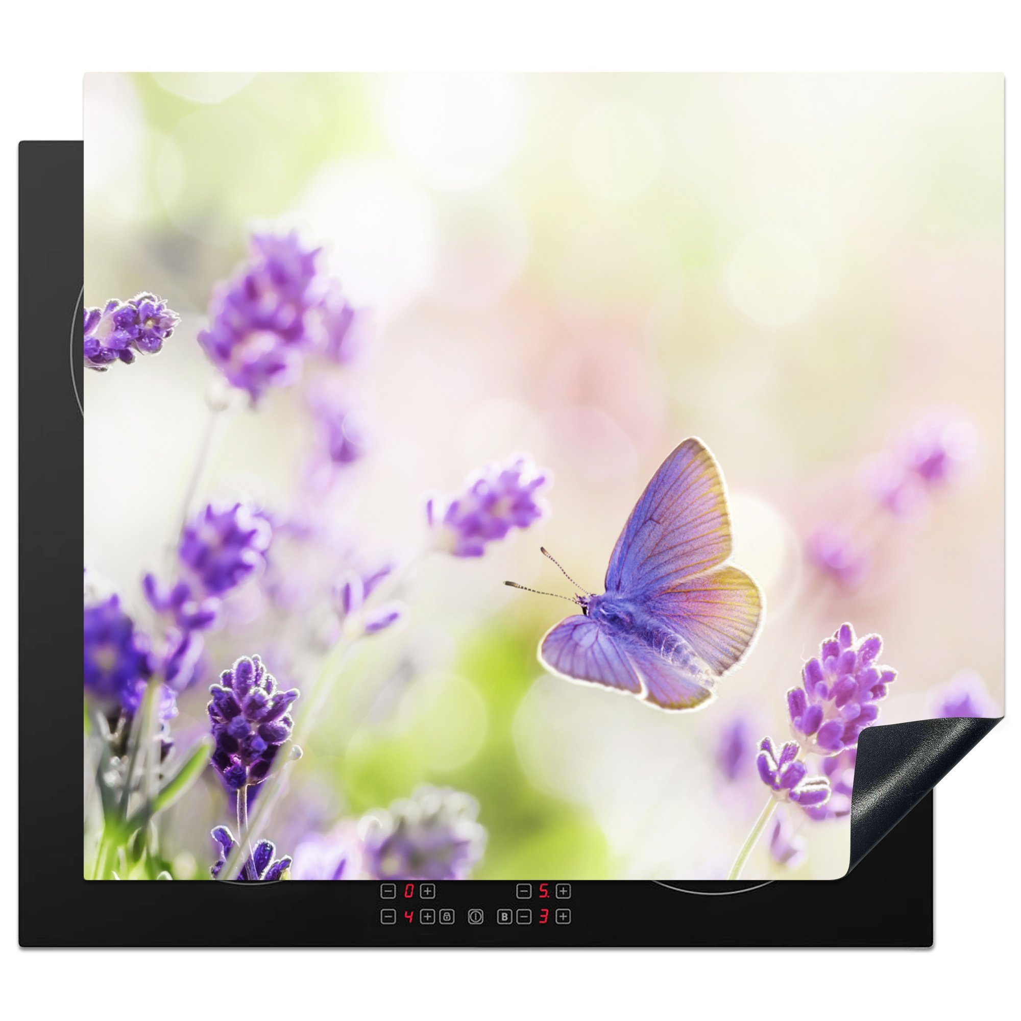 MuchoWow Herd-Abdeckplatte Lavendel - Schmetterling - Blumen, Vinyl, (1 tlg), Abdeckplatte für Ceranfeld, Herd Inductionsmatte, 57.6x51.6 cm