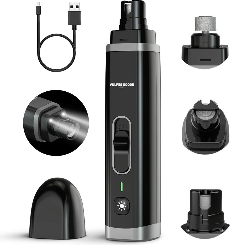 Vulpes Goods Krallenschleifer Elektrisch - Set für Hunde- und Katzenkrallen, max. 6500 U/min, mit LED und Diamantfeilkopf