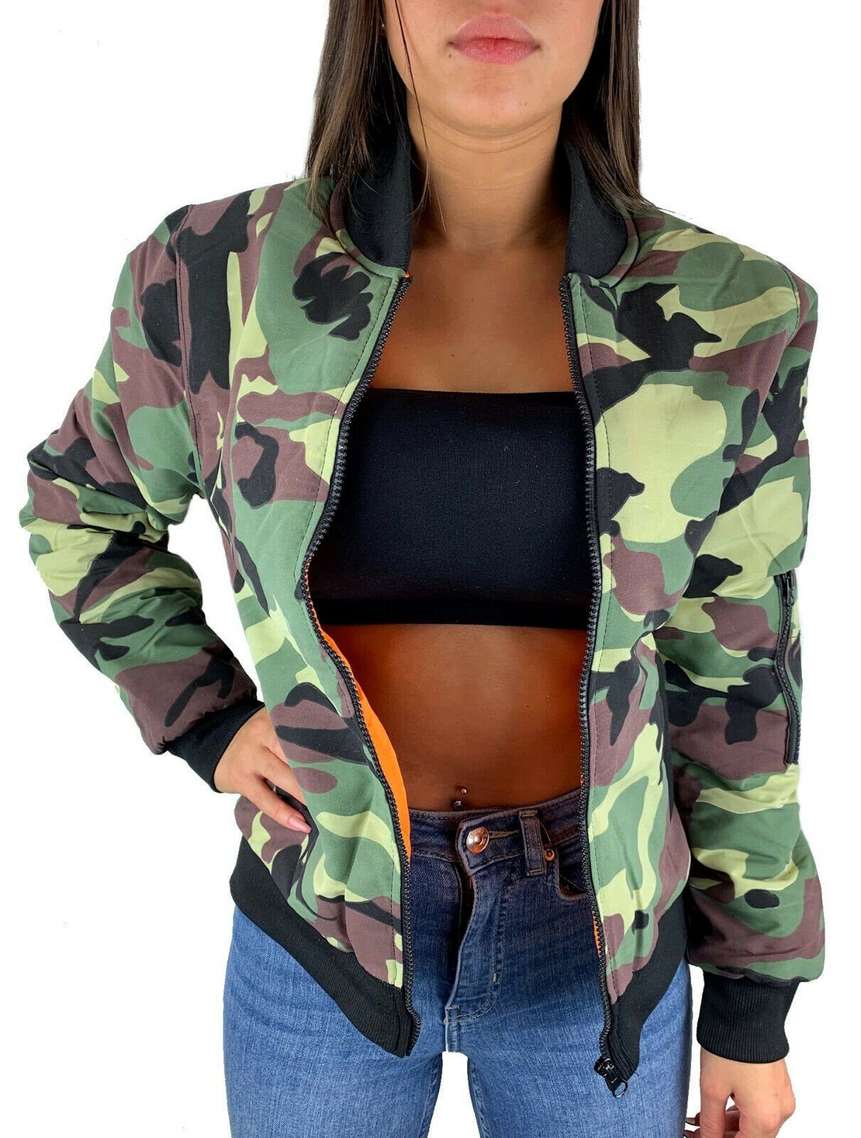 Worldclassca Bomberjacke Worldclassca Damen Camouflage Bomber Jacke Militär Rosa Pink Bomberjacke Retro Piloten Biker Übergangsjacke Blouson Fliegerjacke Army Parka kurz mit Reißverschluss Zip Neu S-L