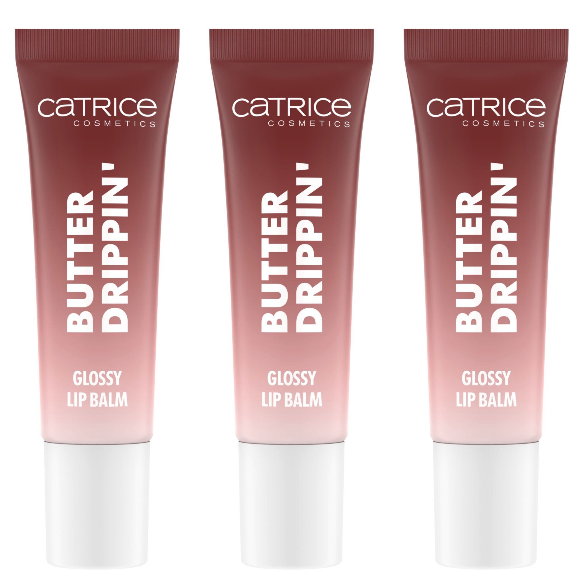 Catrice Lippenbalsam Butter Drippin' Glossy Lip Balm, 3-tlg., Dezenter Farbakzent, geschmeidig, hochglänzend, spendet Feuchtigkeit.