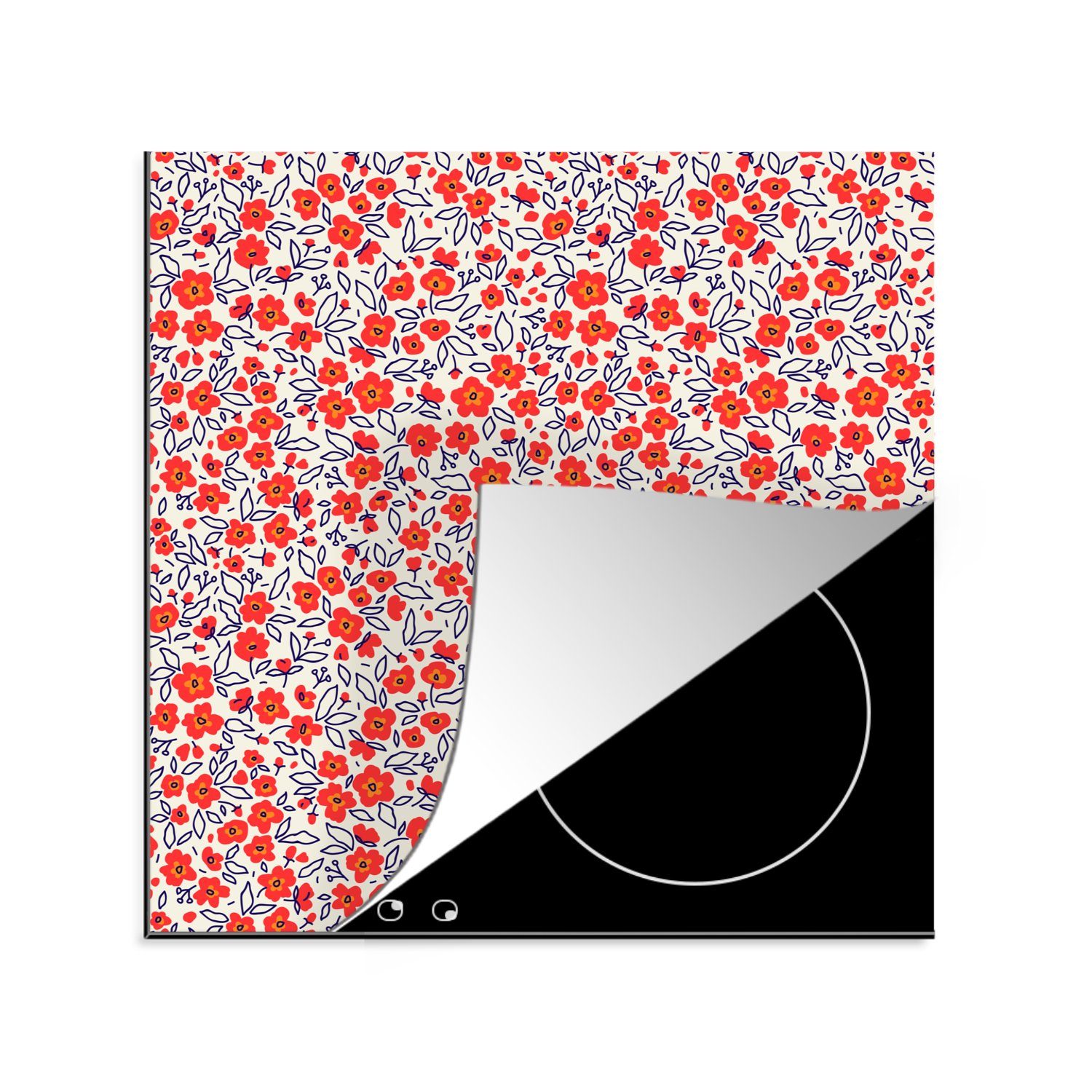 MuchoWow Herdblende-/Abdeckplatte Blumen - Rot - Illustration, Vinyl, (1 tlg), 78x78 cm, Ceranfeldabdeckung, Arbeitsplatte für küche