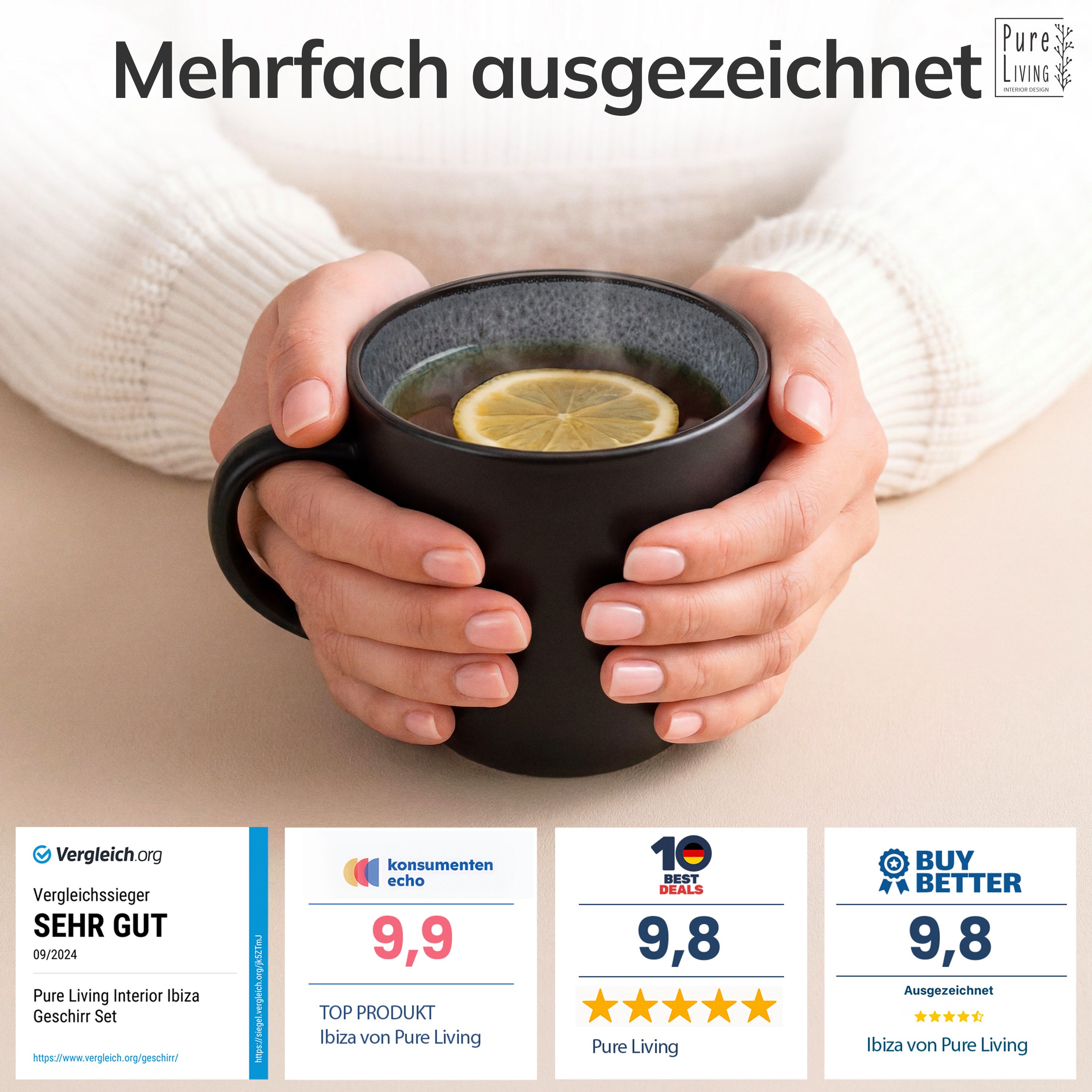 PURE LIVING INTERIOR DESIGN Geschirr-Set Ibiza Becher, 6er-Set, 435 ml, Grau, Steingut (6-tlg), 6 Personen, Steingut – Bild 3 von 5