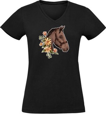 MyDesign24 T-Shirt Damen Pferde Print Shirt - Dunkelbraunes Pferd mit Blumenkranz V-Ausschnitt Baumwollshirt mit Aufdruck Slim Fit, i180