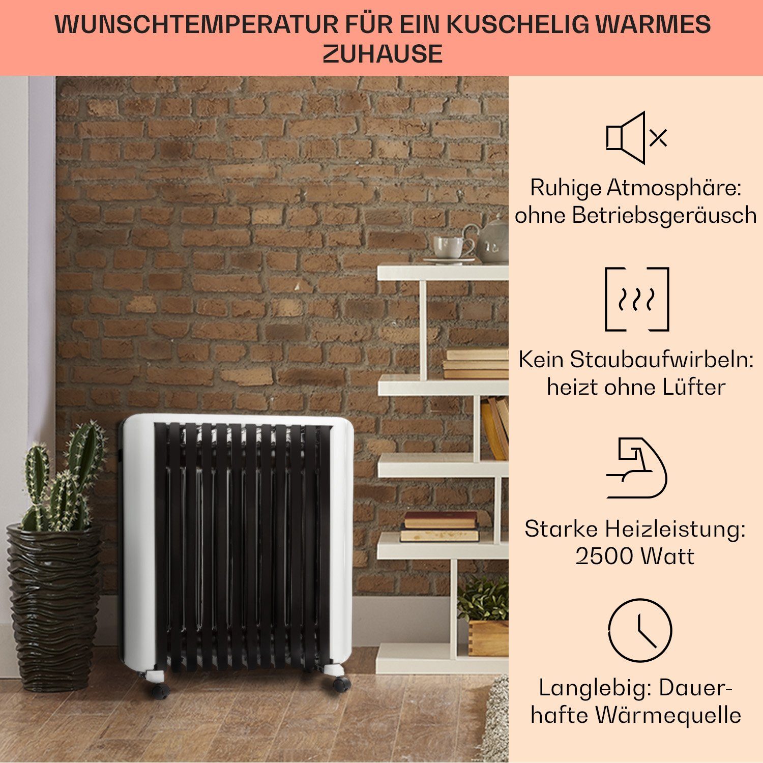 2500 W, Ölradiator Thermaxx energiesparend Rippen Heizkörper Thermostat 12 Klarstein Heizstrahler 2500, Rollen