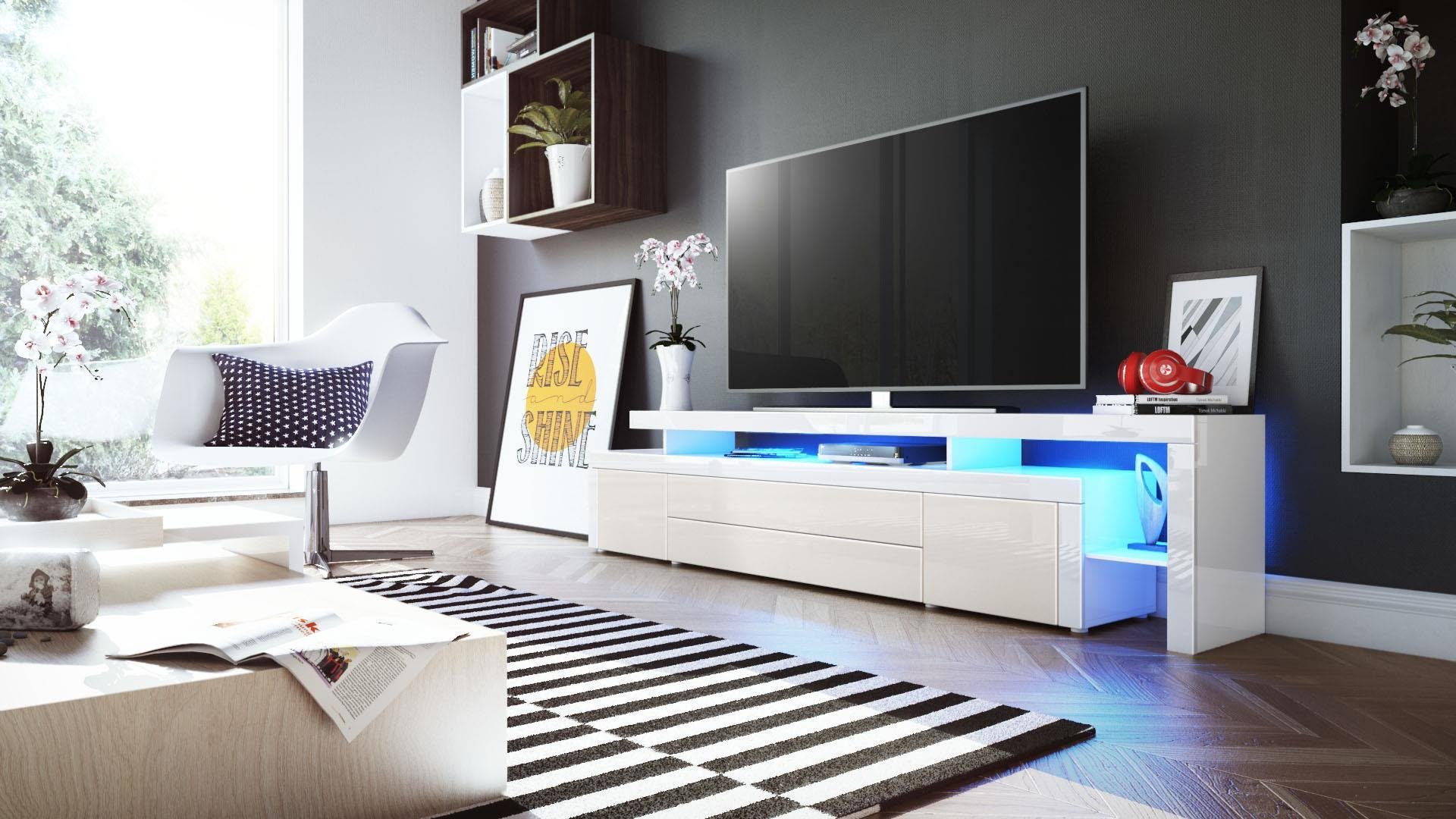 Vladon Lowboard Leon V3 (TV-Kommode, mit zwei Türen, zwei Schubkästen und einem modernen Überbau inkl. LED), Creme Hochglanz/Weiß Hochglanz (227 x 52 x 35 cm)