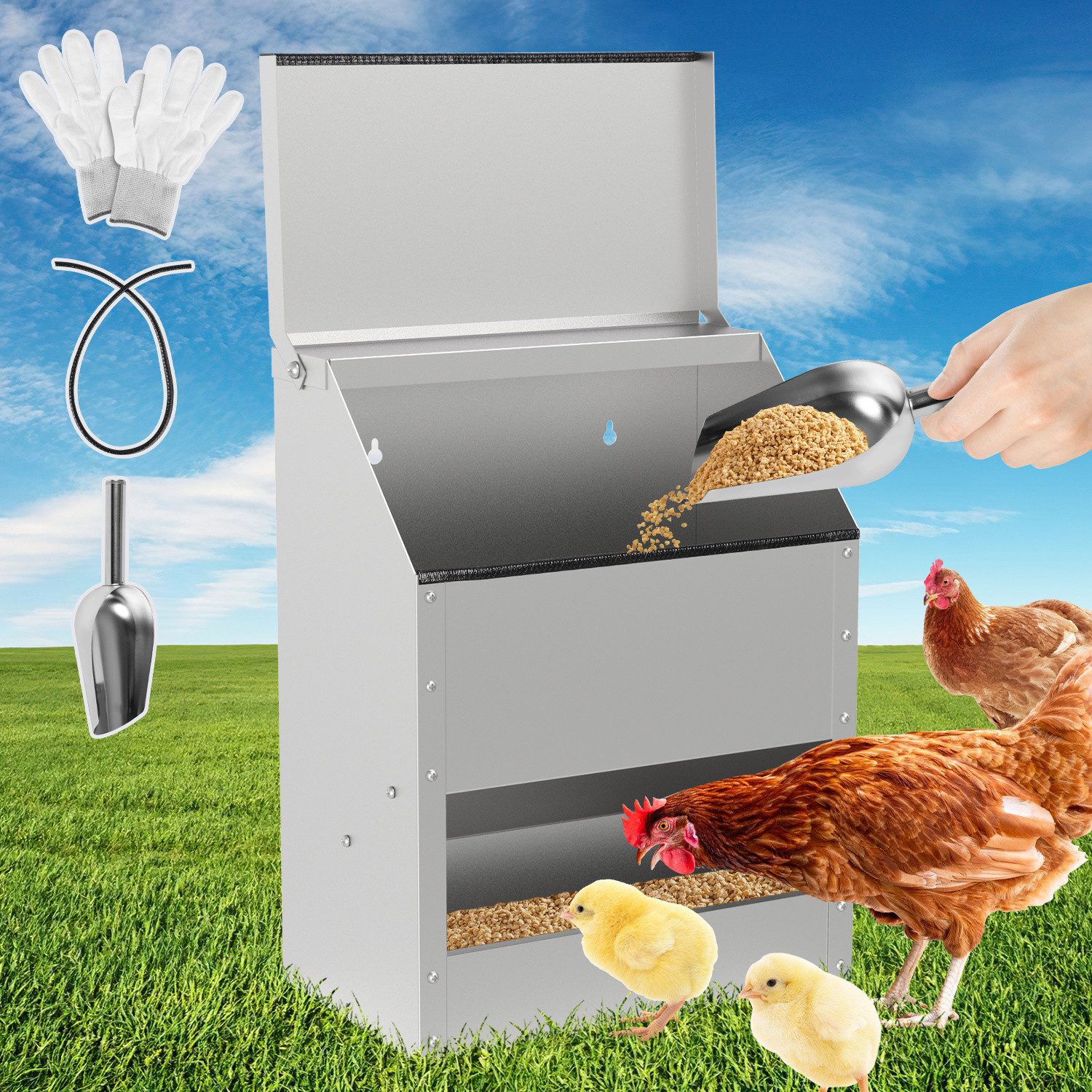 Clanmacy Futterautomat 15kg Hühner Automatischer Geflügel Futter Spender Löffel&Handschuhe