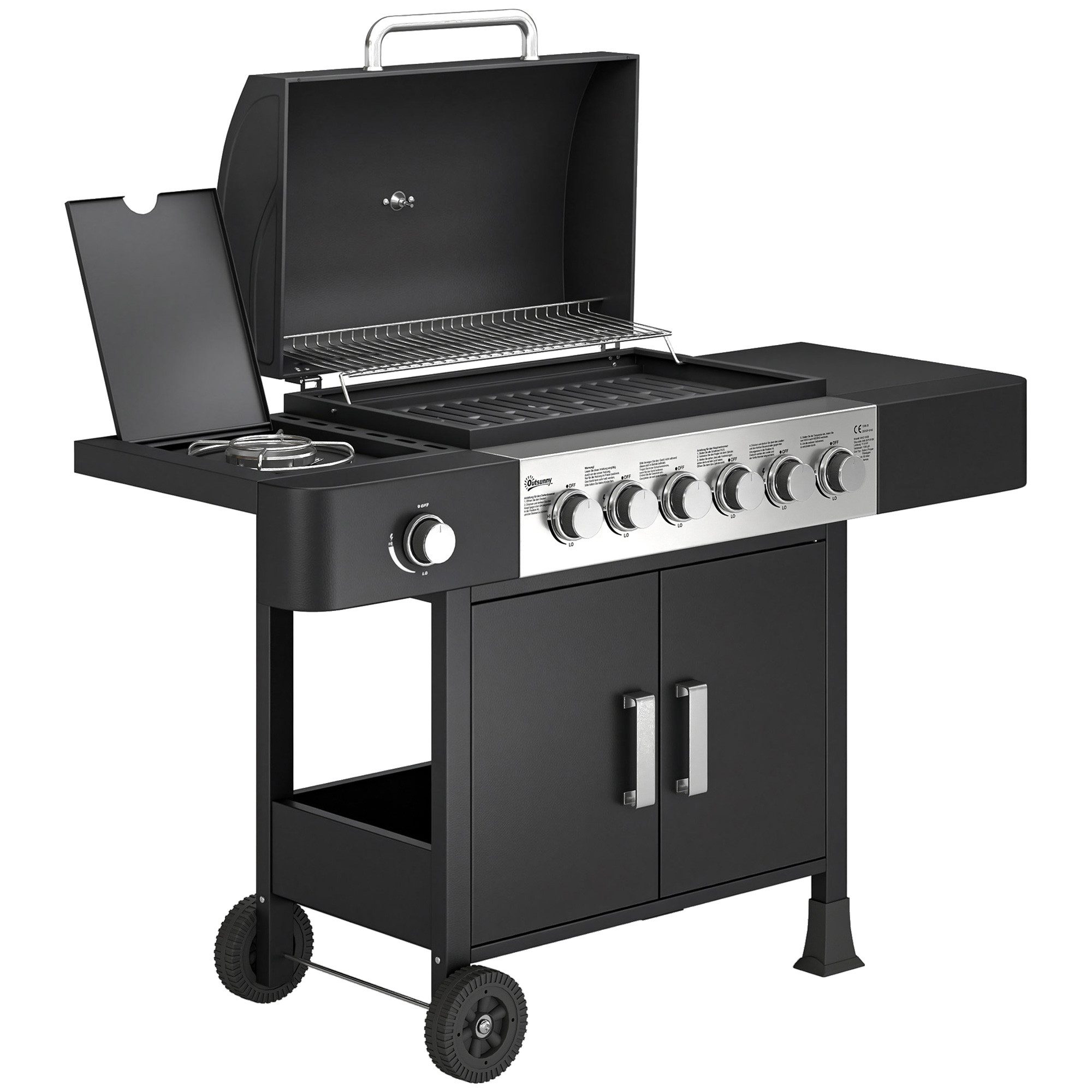 Novzep Gasgrill Gasgrill 17,8 KW 6+1 Brenner BBQ Grillwagen aus Edelstahl, inkl Rolle Seitenbrenner Thermometer Emaille-Grillrost