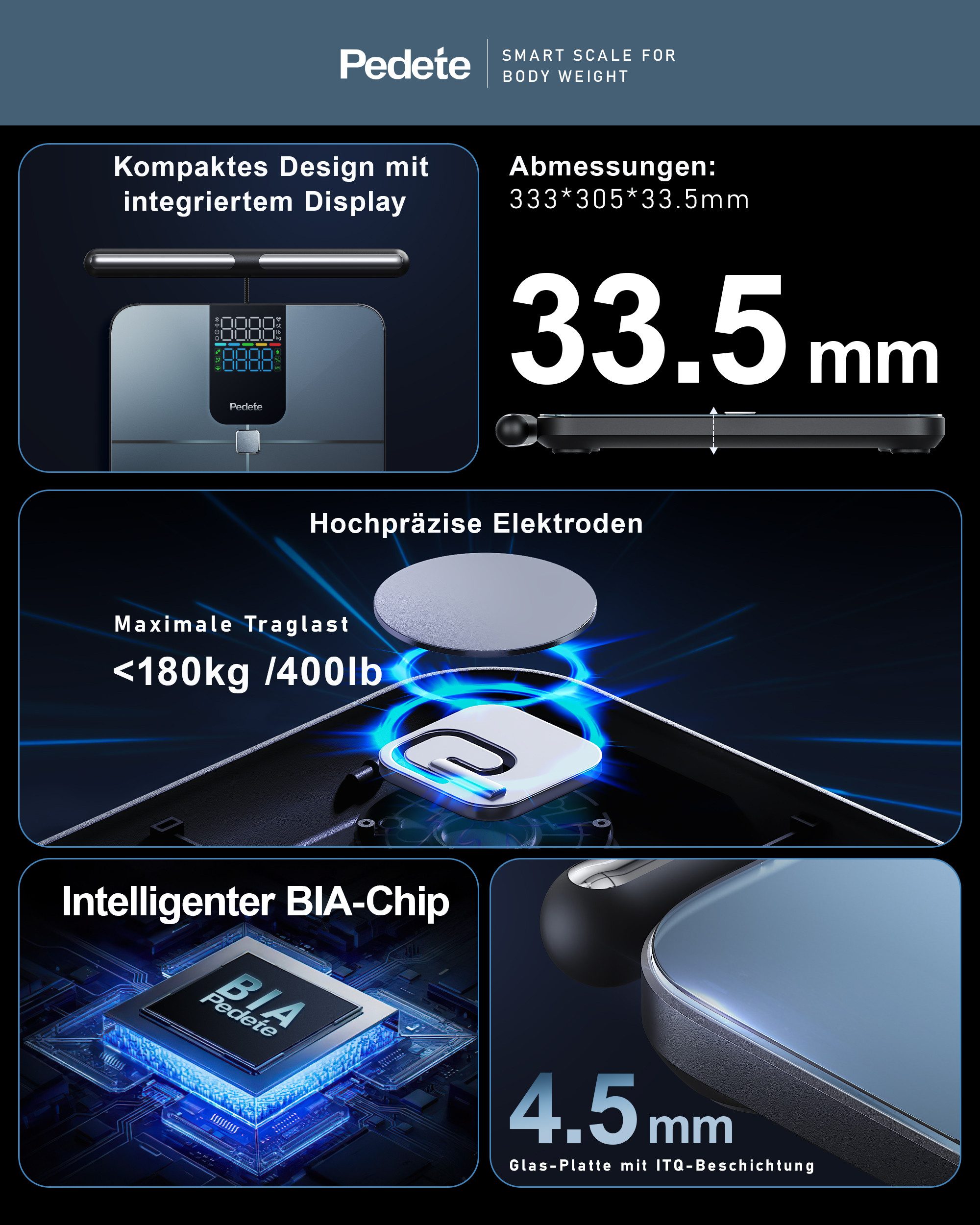 ibettertec Körper-Analyse-Waage Fitness Körperfettwaage mit 8 sensoren,Bluetooth, LED-Anzeige, mit App zur Übertragung und Tracking der Messwerte, Körper & Viszeralfett, Muskelmasse, BMI & RMR,Tragkraft 180 kg